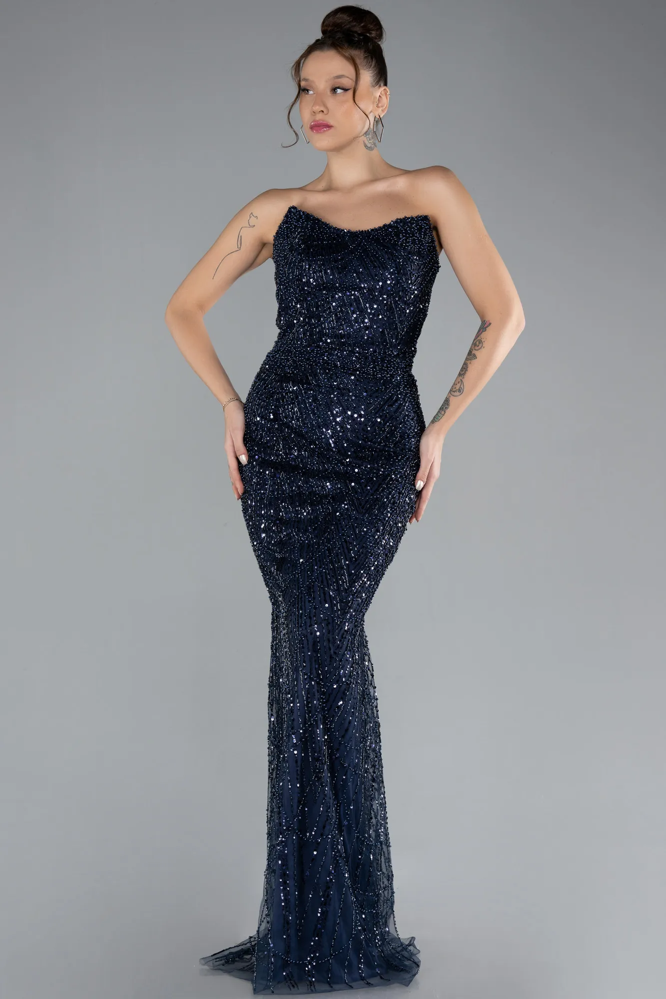 Navy Blue-Strapless Long Beaded Fishtail Evening Gown ABU4382