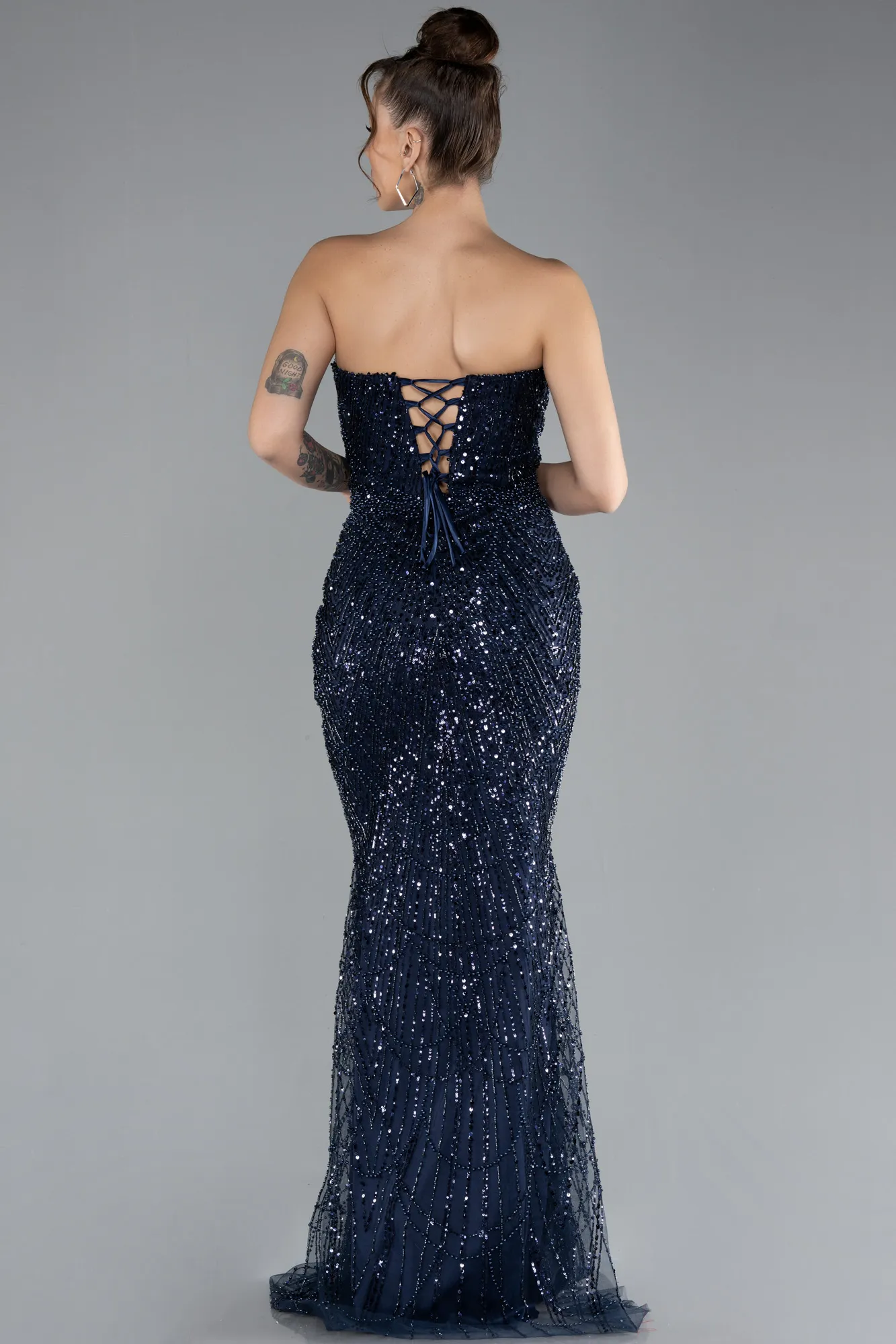 Navy Blue-Strapless Long Beaded Fishtail Evening Gown ABU4382