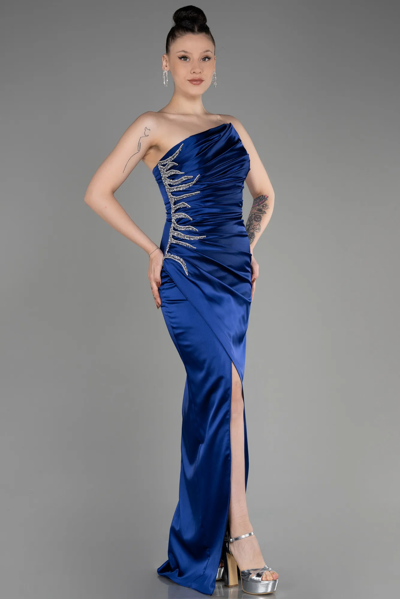 Navy Blue-Strapless Long Satin Evening Dress ABU3825