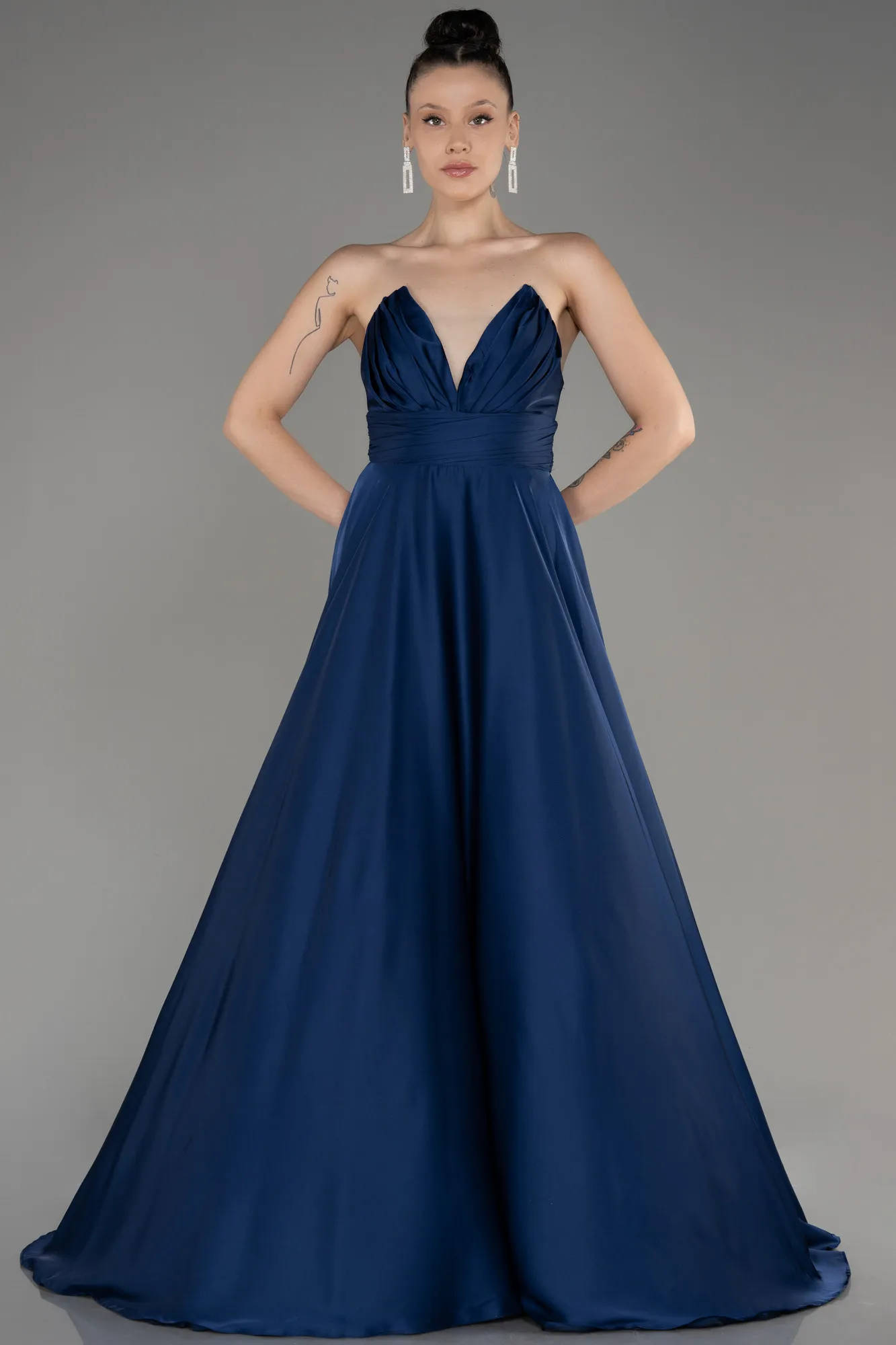 Navy Blue-Strapless Long Satin Prom Dress ABU3965