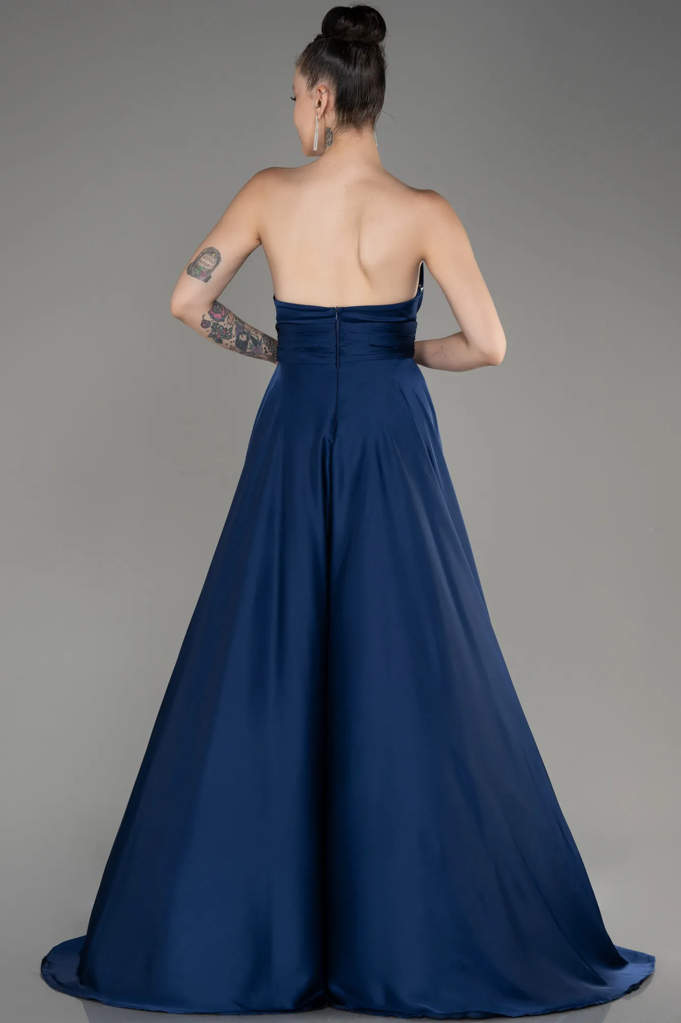 Navy Blue-Strapless Long Satin Prom Dress ABU3965