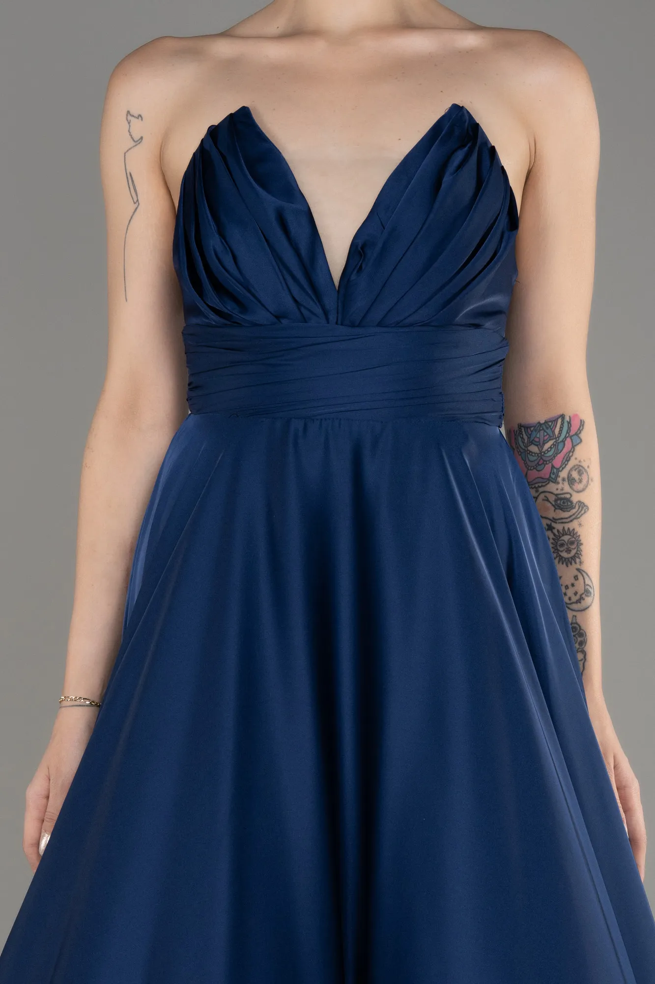 Navy Blue-Strapless Long Satin Prom Dress ABU3965