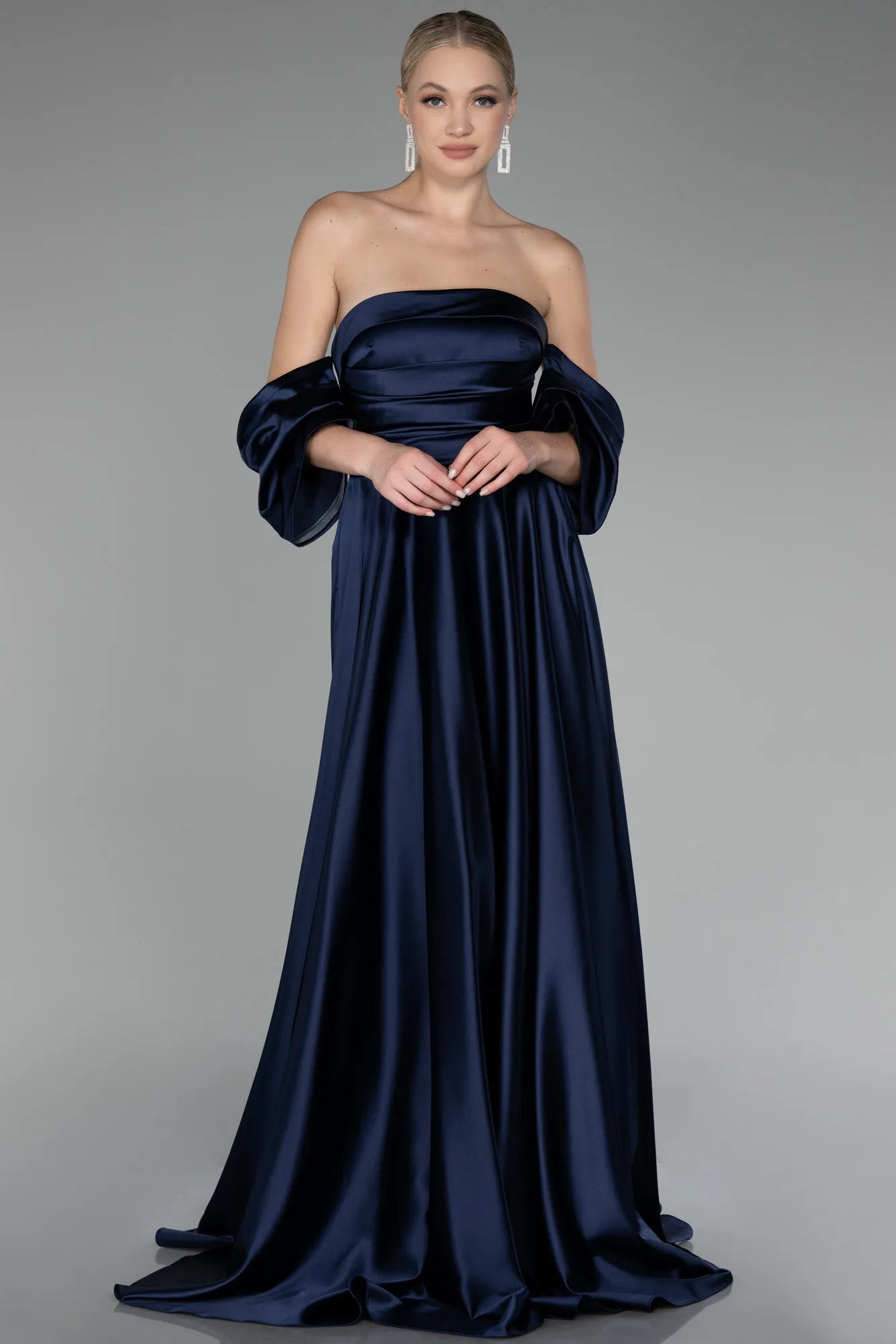 Navy Blue-Strapless Long Satin Prom Gown ABU4132