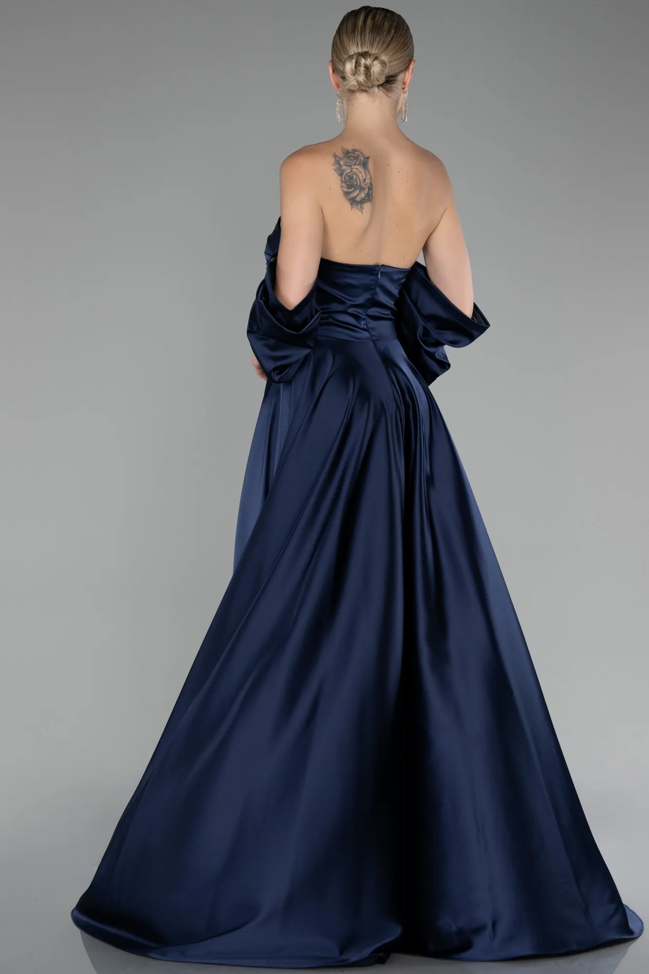 Navy Blue-Strapless Long Satin Prom Gown ABU4132