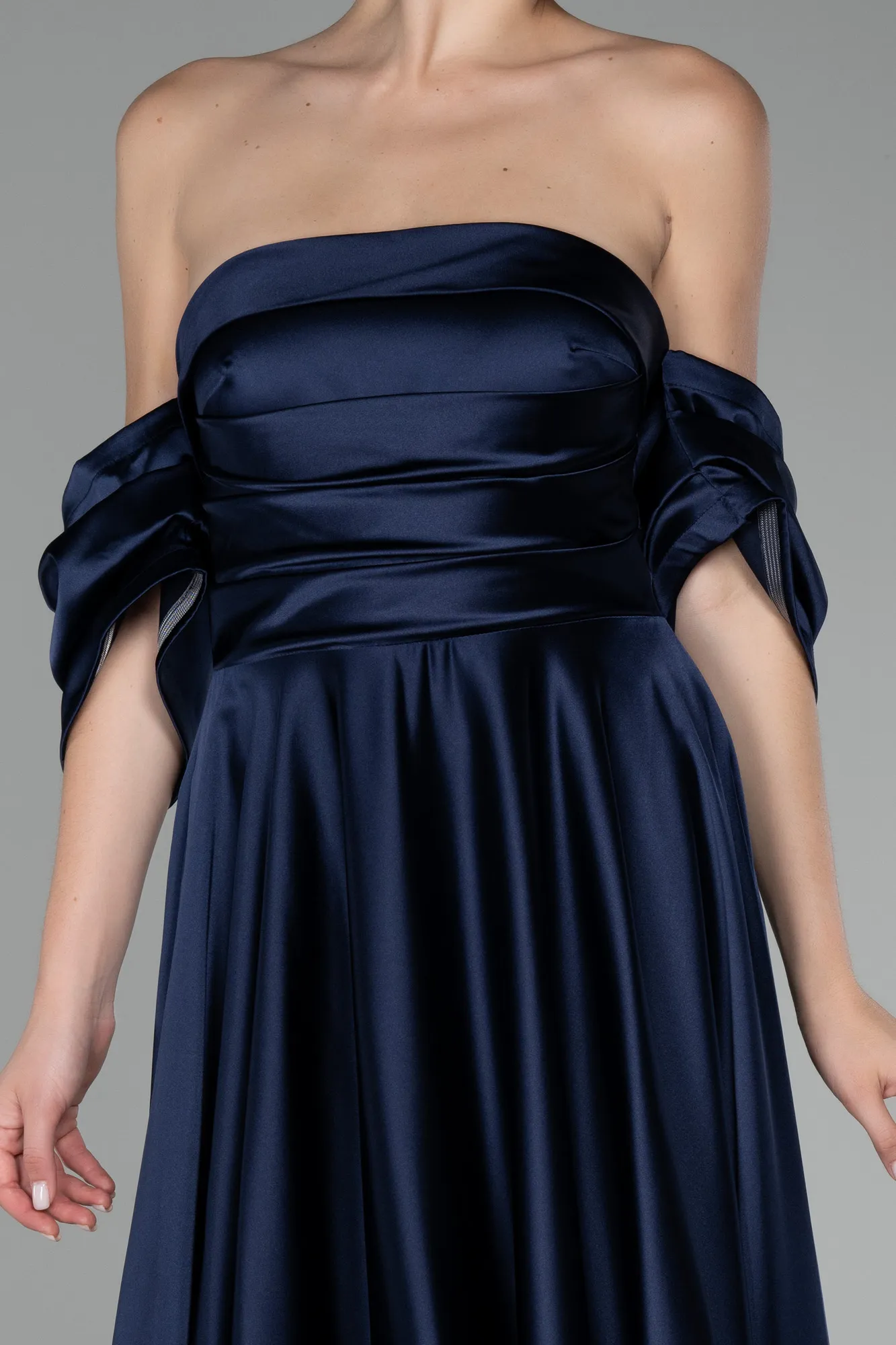 Navy Blue-Strapless Long Satin Prom Gown ABU4132