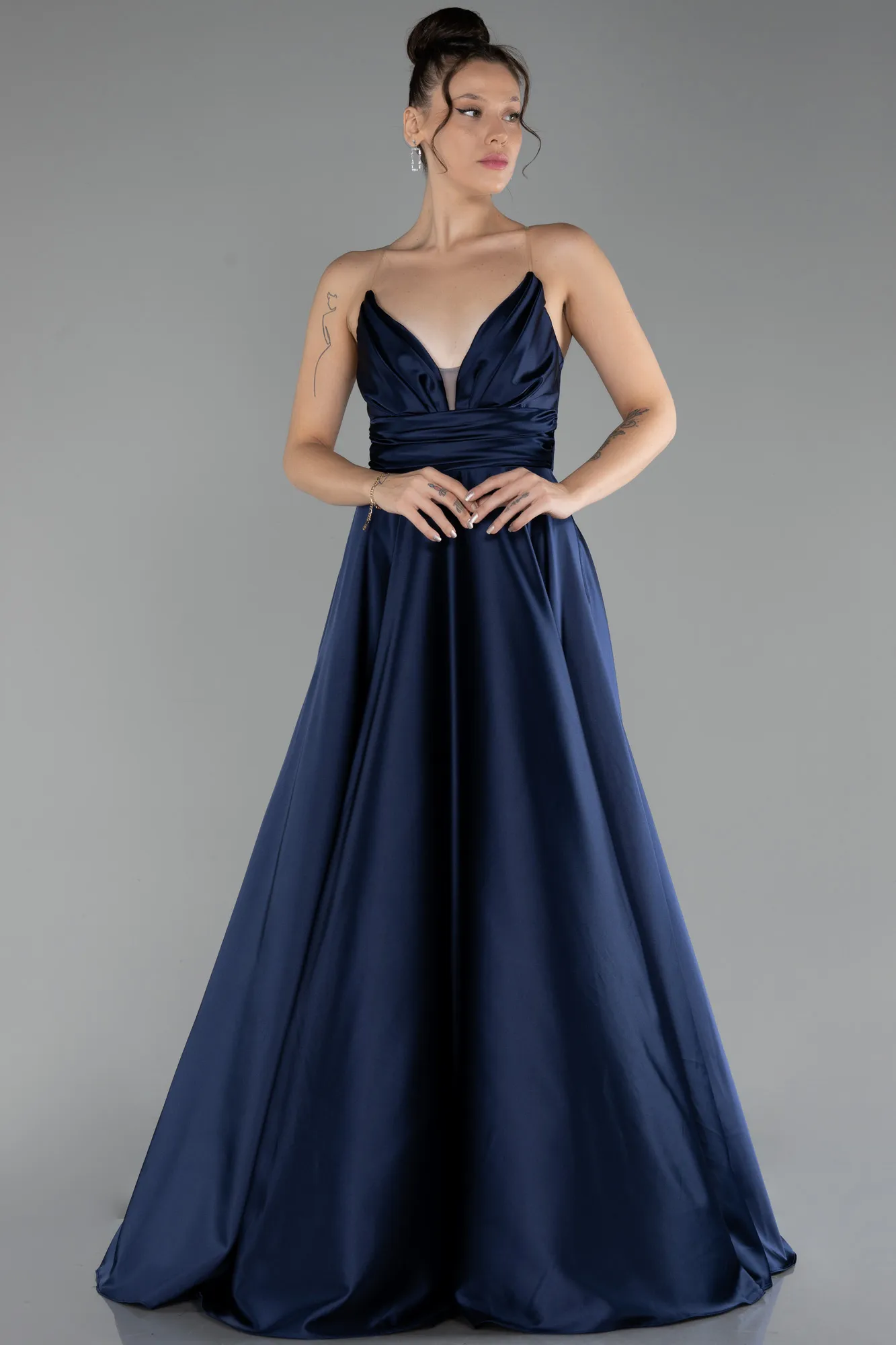 Navy Blue-Strapless Long Satin Prom Gown ABU4245