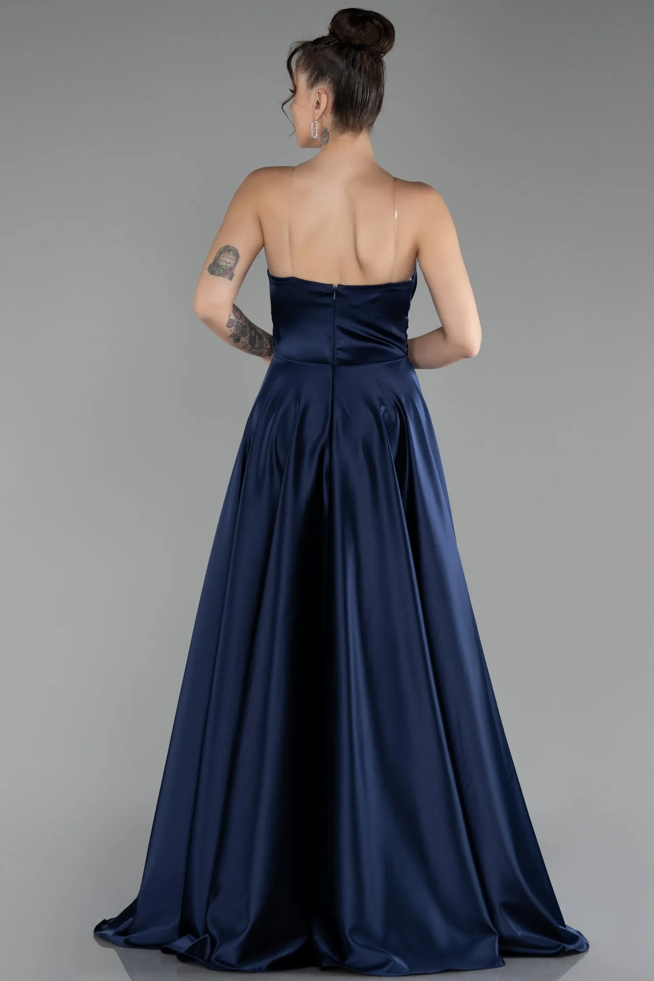 Navy Blue-Strapless Long Satin Prom Gown ABU4245