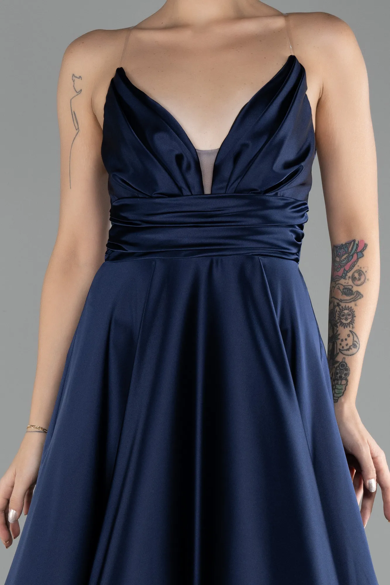 Navy Blue-Strapless Long Satin Prom Gown ABU4245