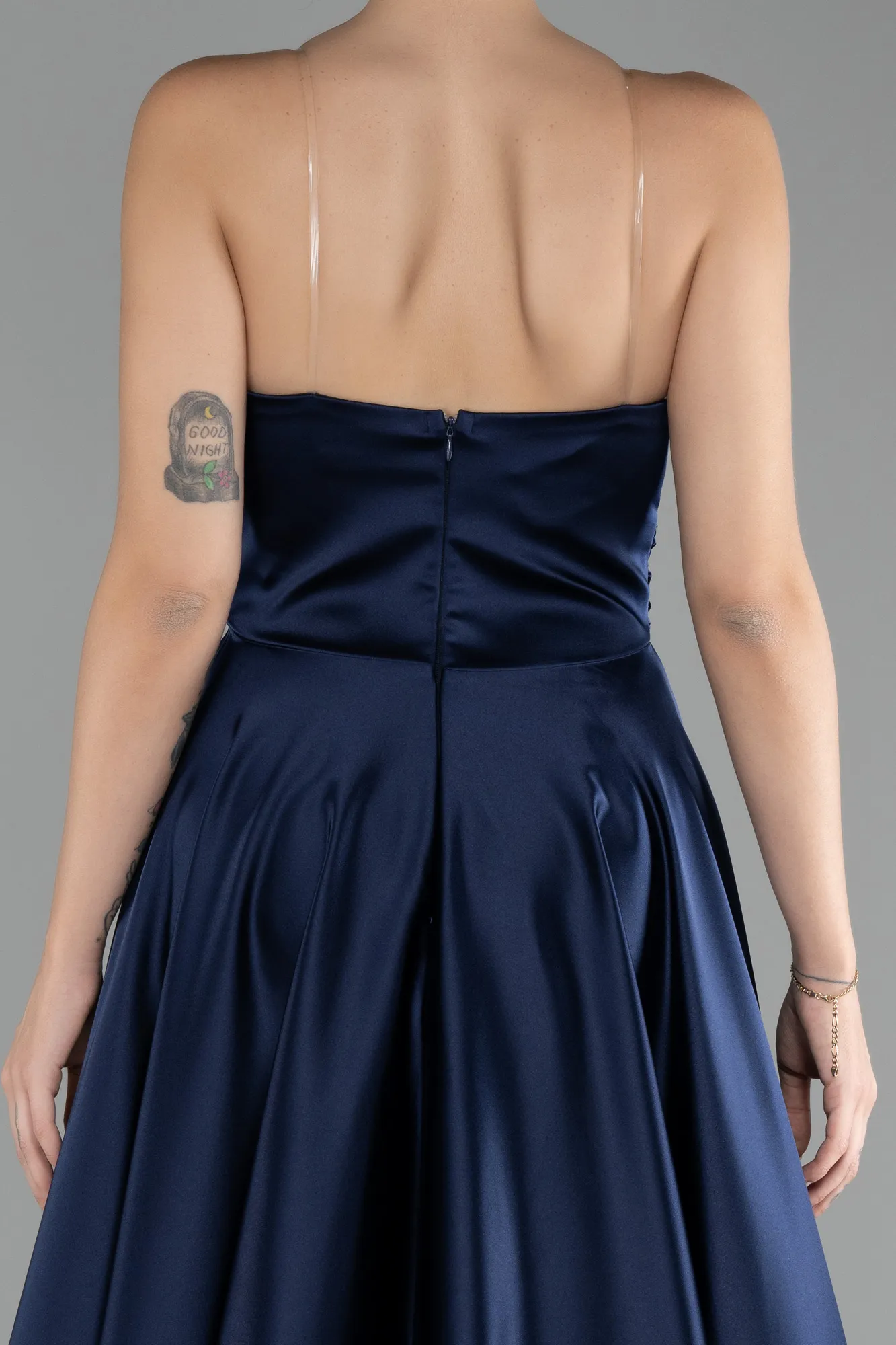 Navy Blue-Strapless Long Satin Prom Gown ABU4245