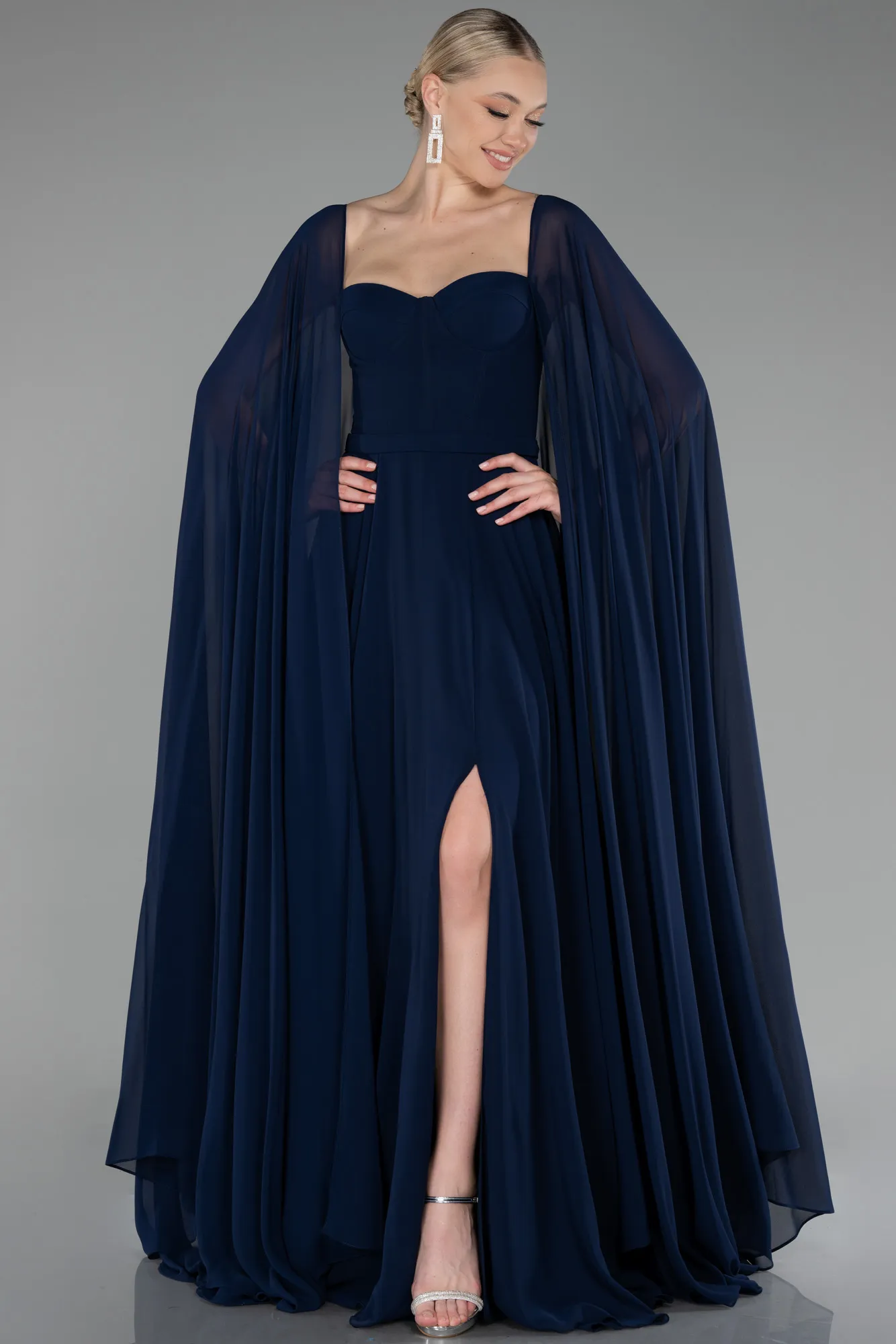 Navy Blue-Strapless Shawl Sleeve Long Chiffon Evening Dress ABU4158