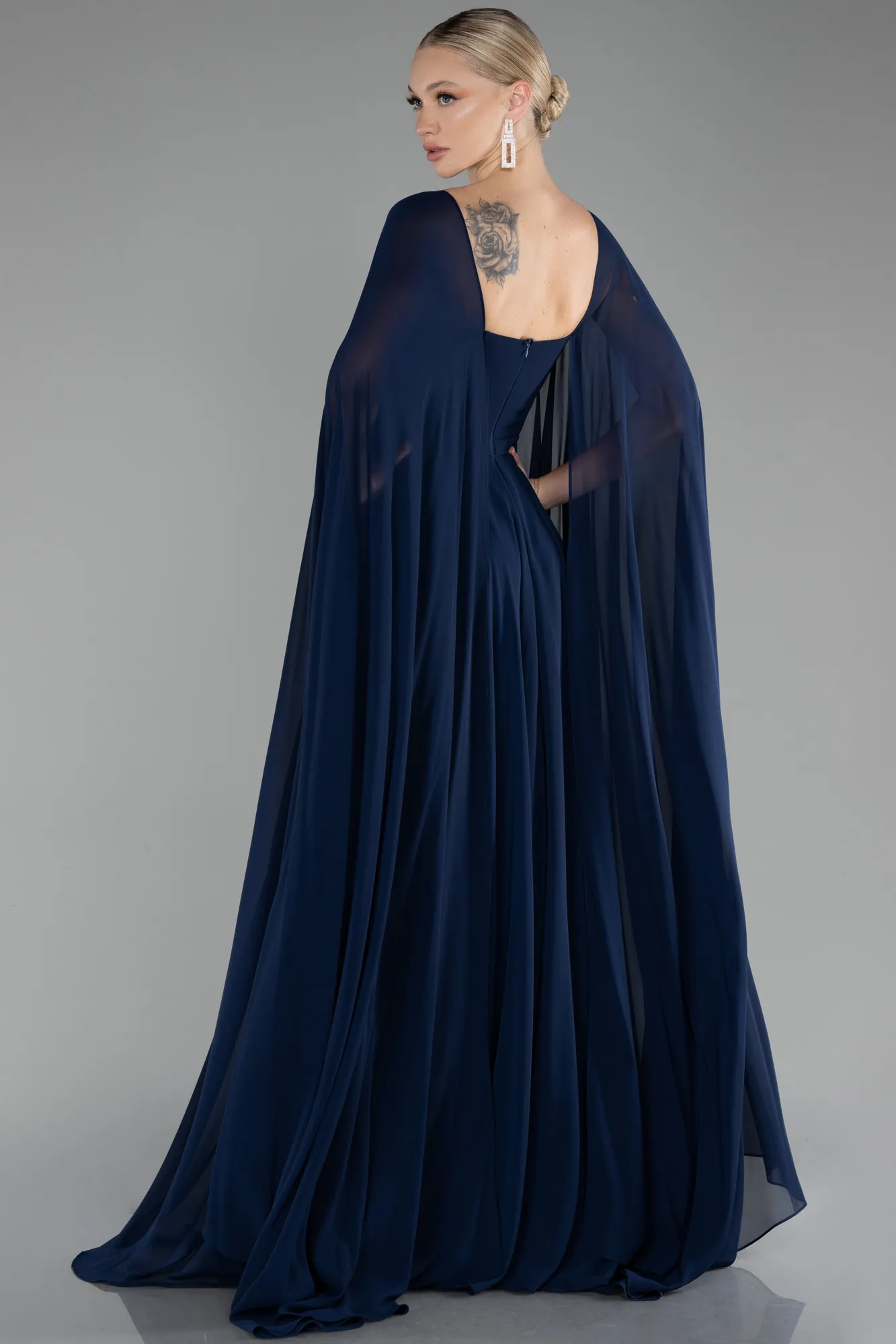 Navy Blue-Strapless Shawl Sleeve Long Chiffon Evening Dress ABU4158