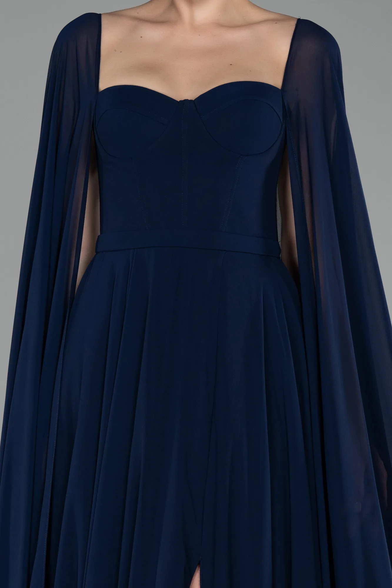 Navy Blue-Strapless Shawl Sleeve Long Chiffon Evening Dress ABU4158