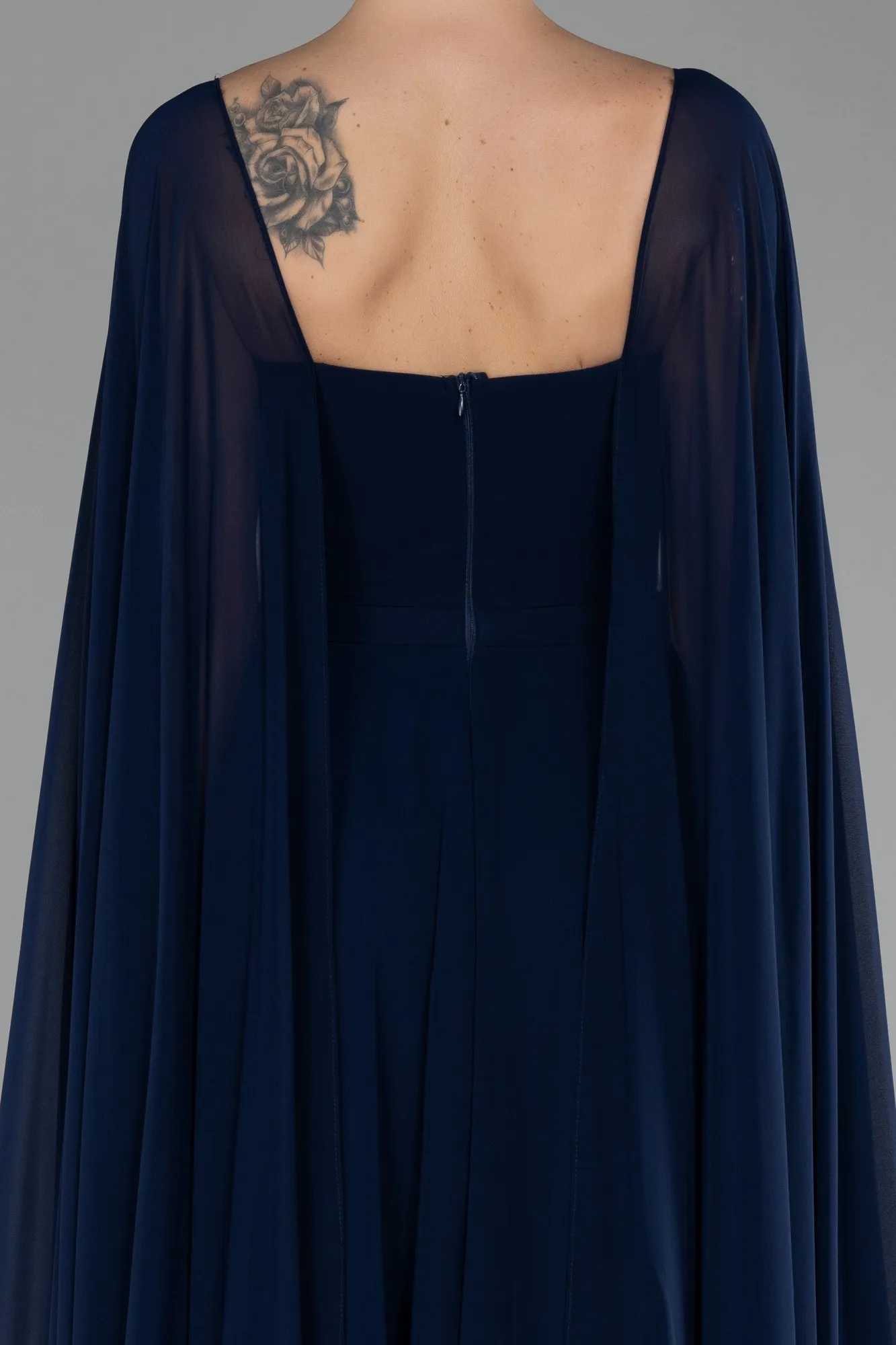 Navy Blue-Strapless Shawl Sleeve Long Chiffon Evening Dress ABU4158