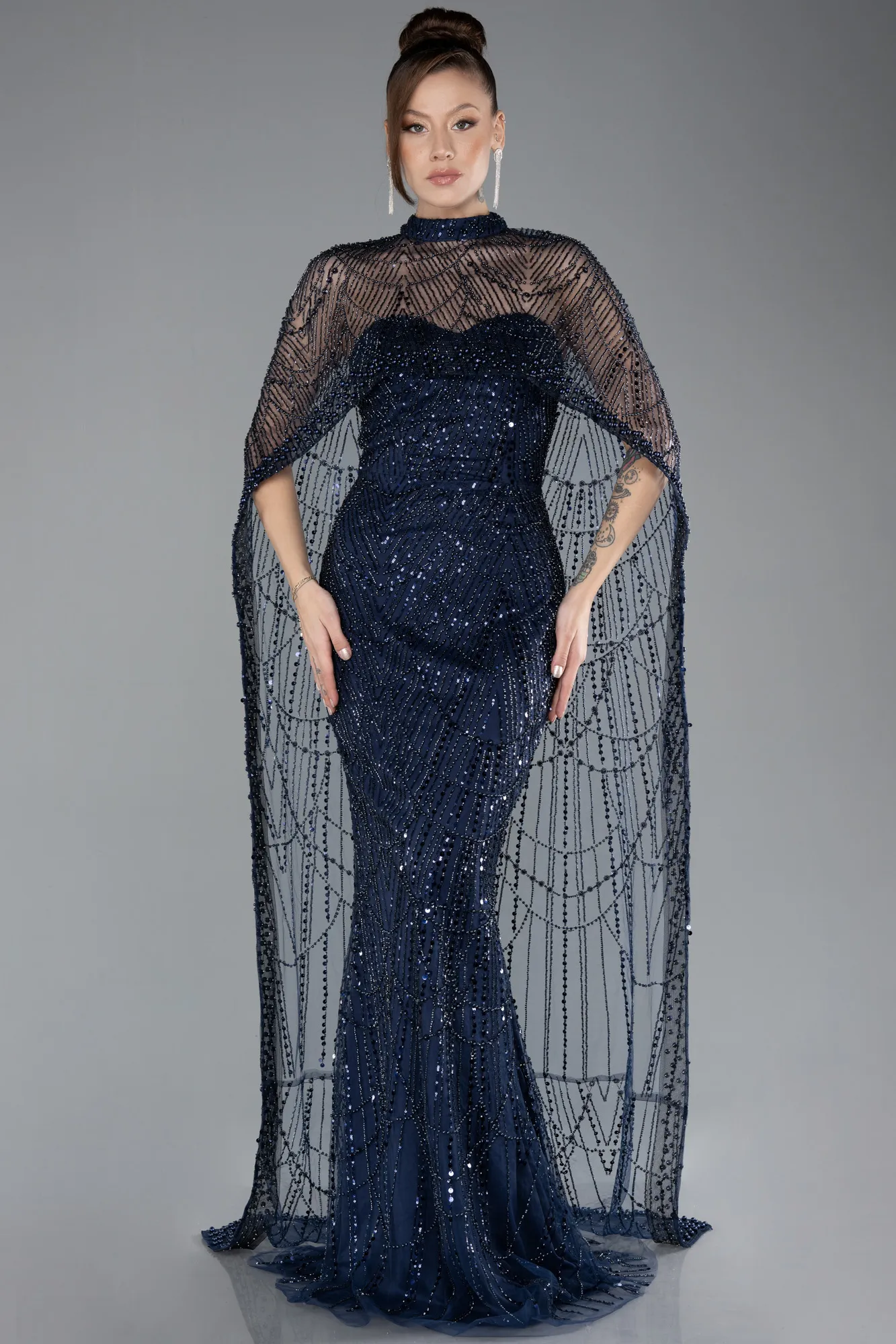 Navy Blue-Strapless Shawl Stoned Long Evening Gown ABU4517