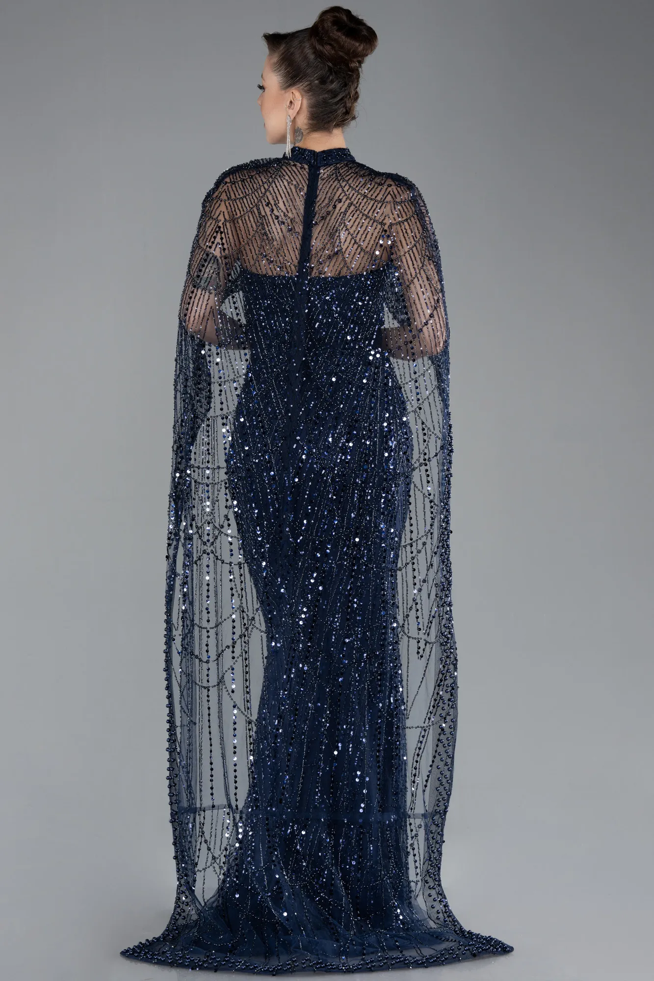 Navy Blue-Strapless Shawl Stoned Long Evening Gown ABU4517