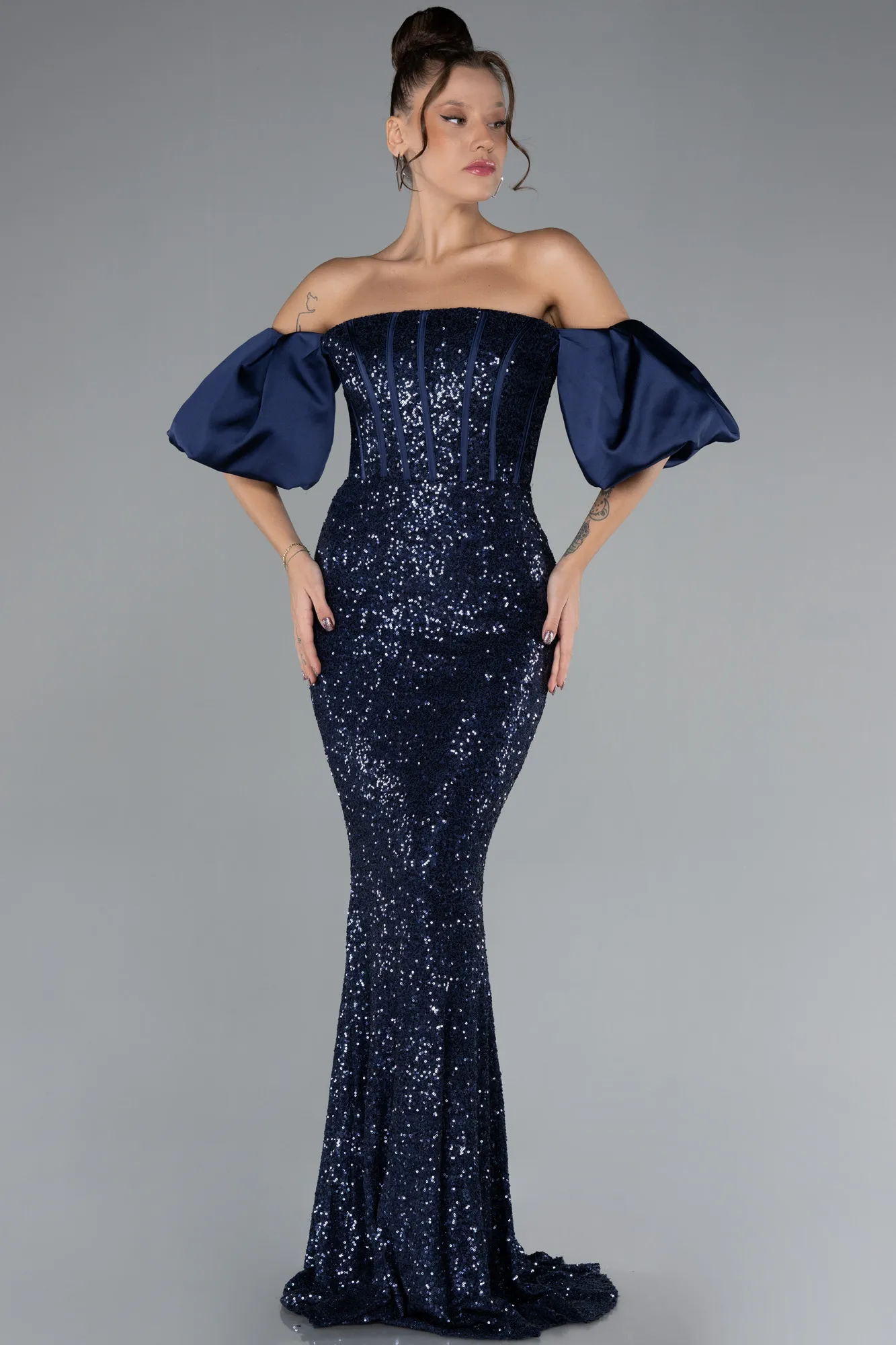 Navy Blue-Strapless Sleeve Accessories Long Scaly Evening Gown ABU4308