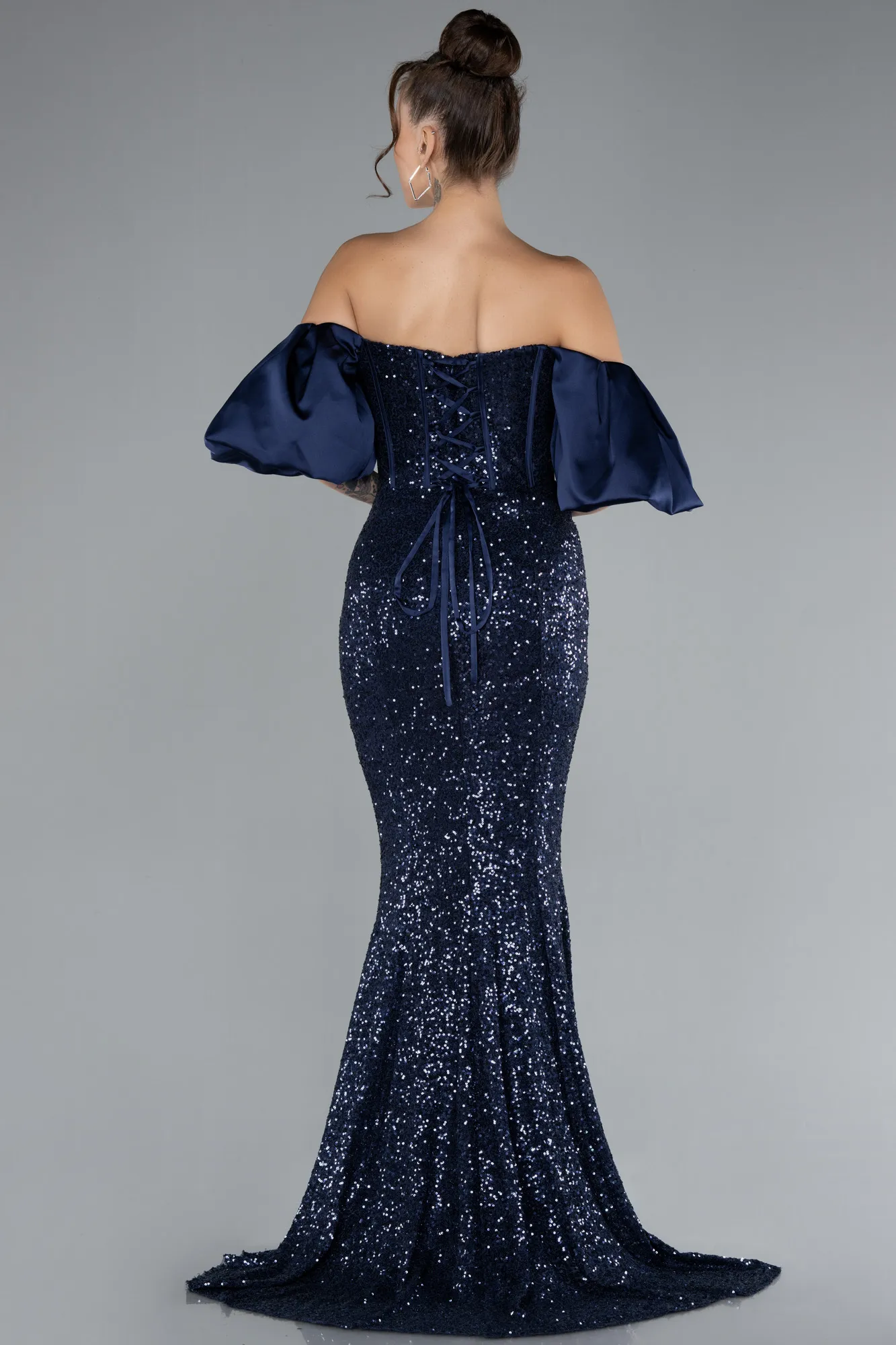 Navy Blue-Strapless Sleeve Accessories Long Scaly Evening Gown ABU4308