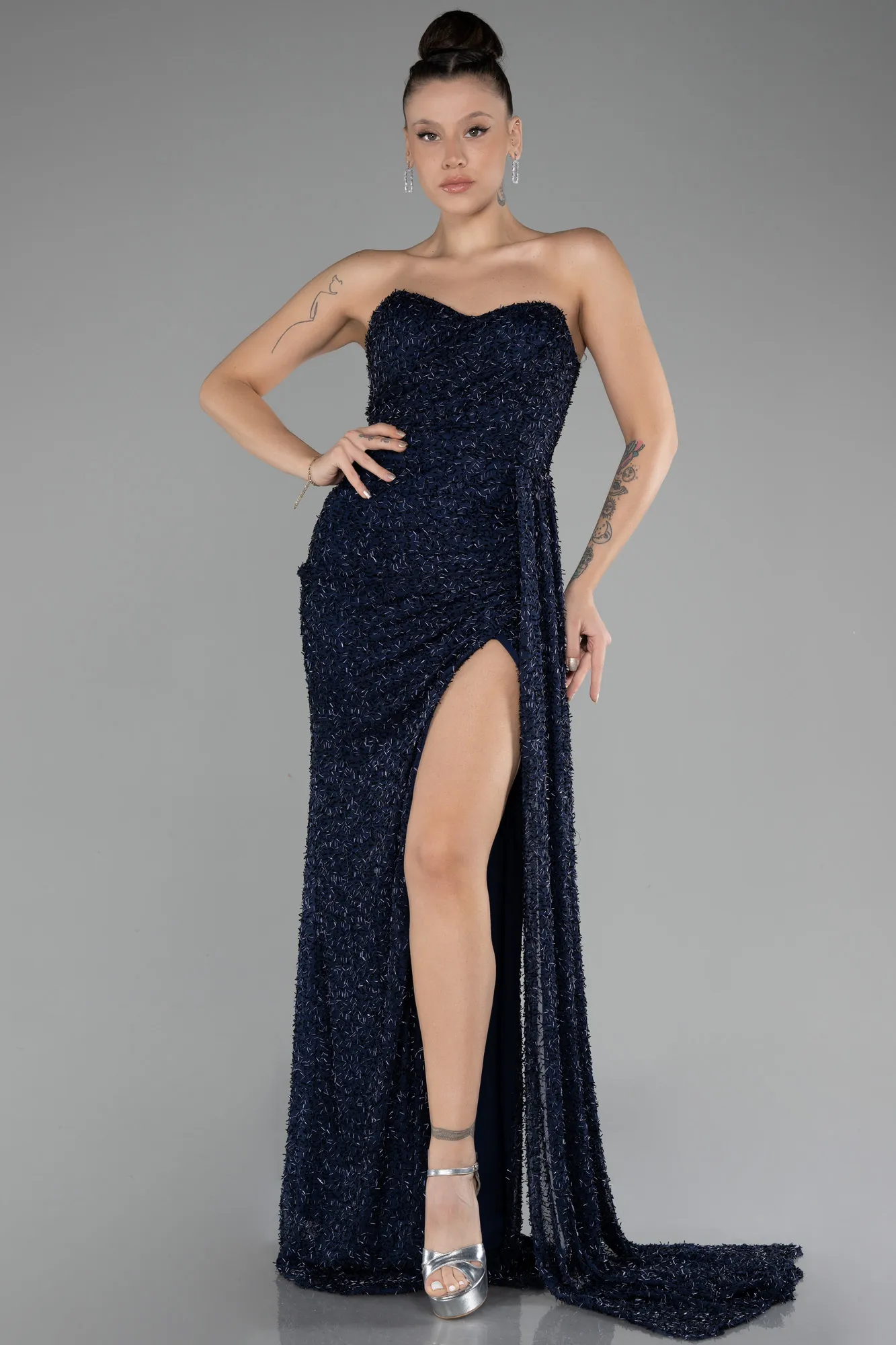 Navy Blue-Strapless Slit Beaded Long Evening Gown ABU4114