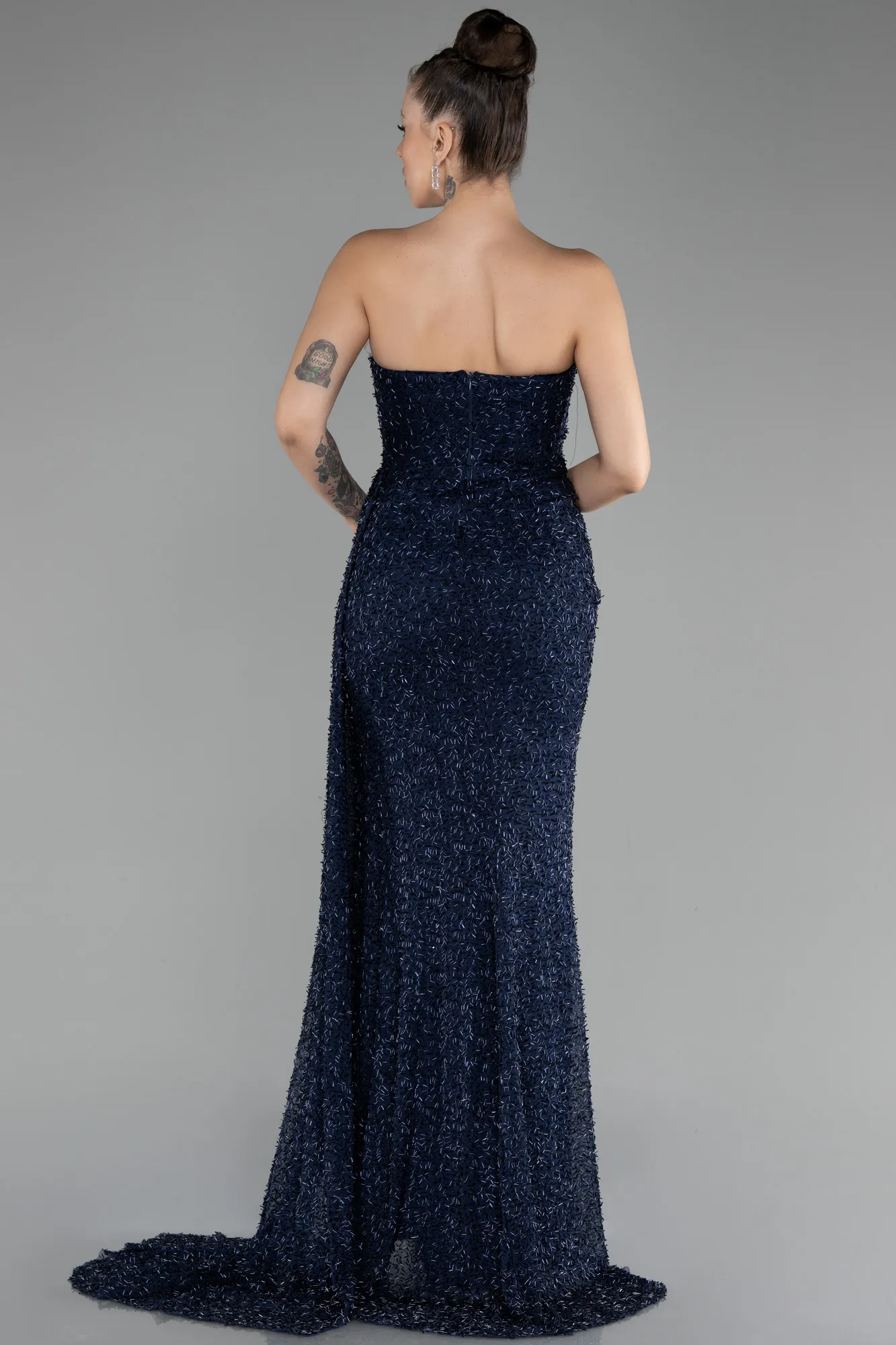 Navy Blue-Strapless Slit Beaded Long Evening Gown ABU4114