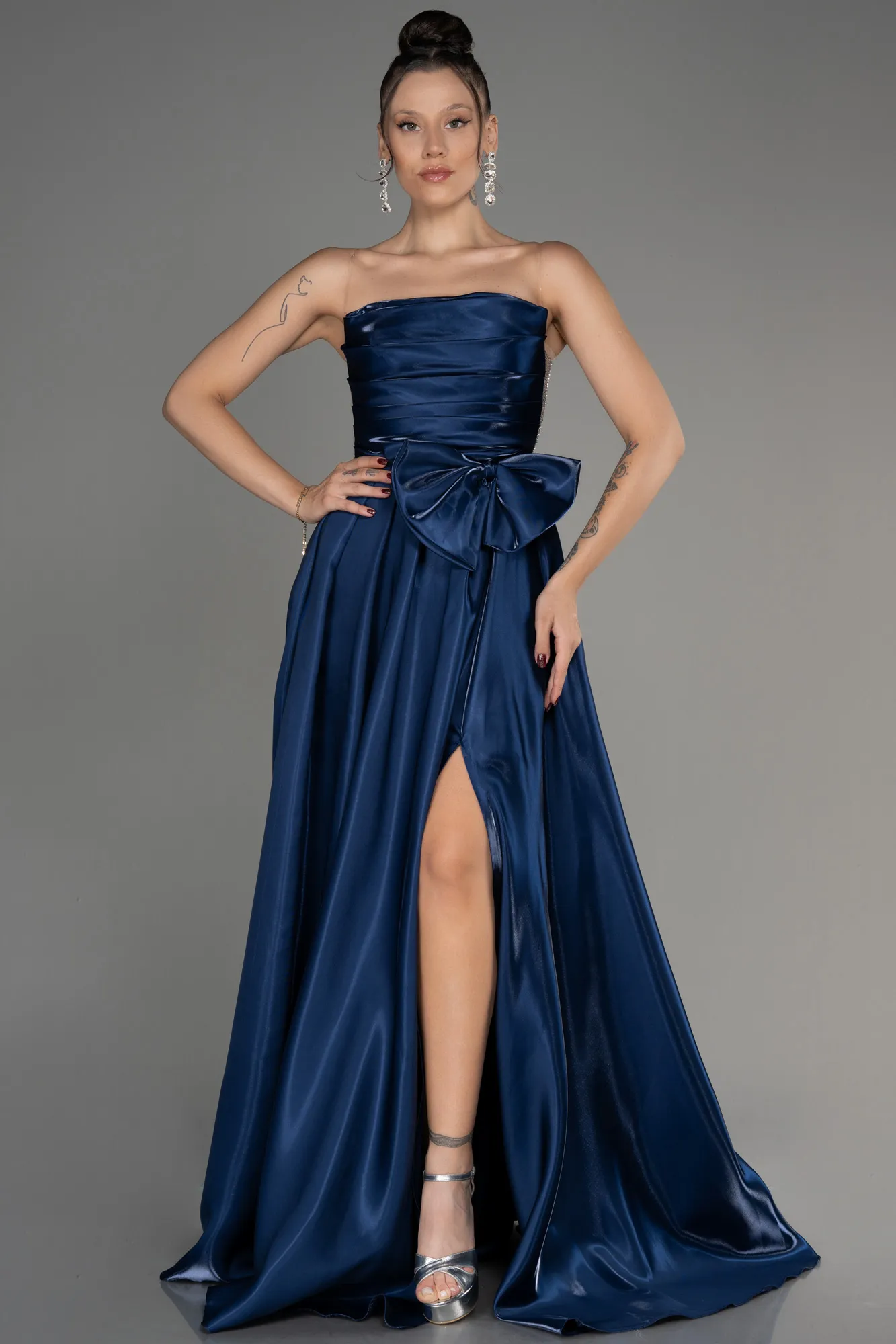 Navy Blue-Strapless Slit Long Ball Gown ABU4015