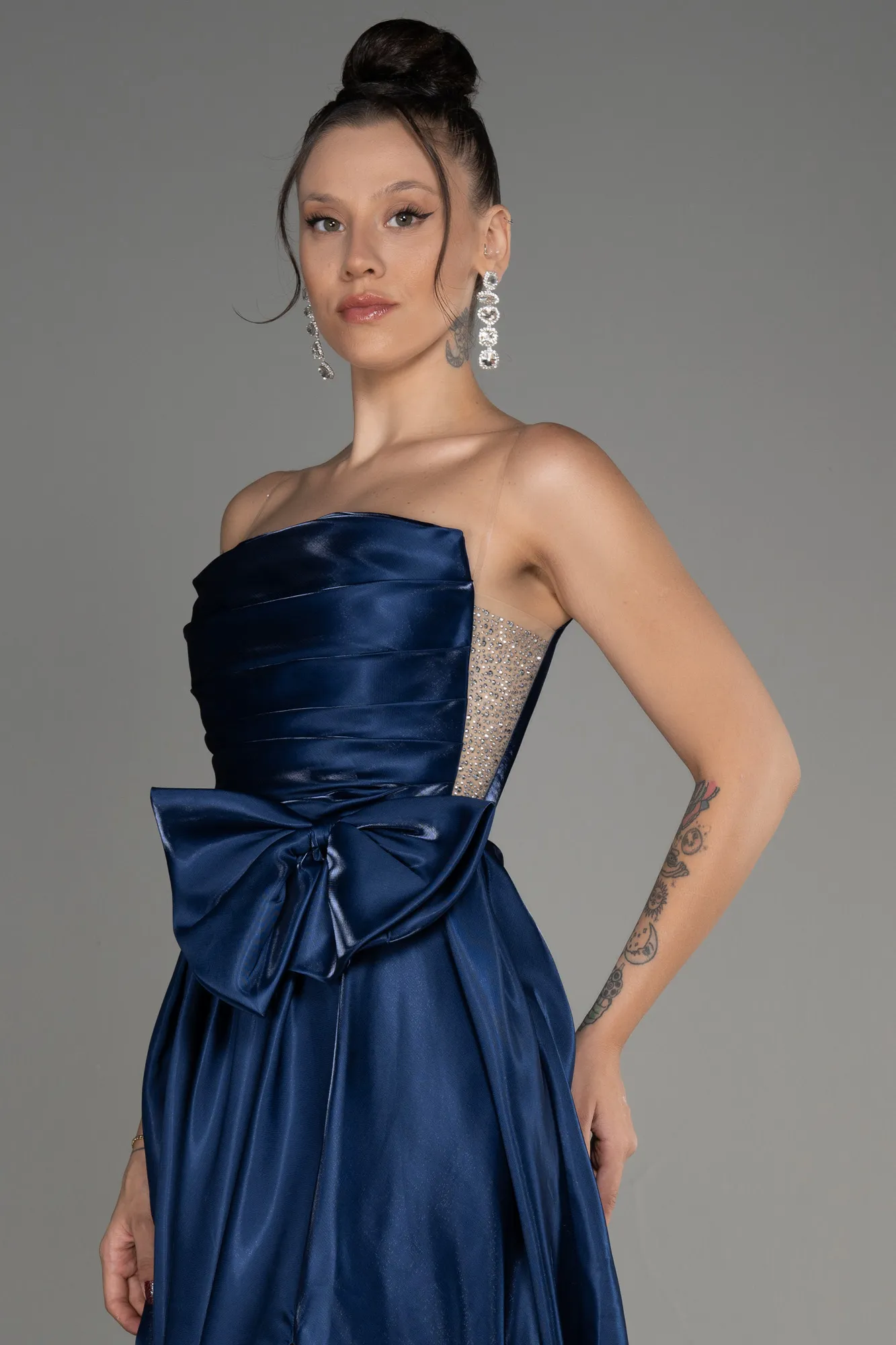 Navy Blue-Strapless Slit Long Ball Gown ABU4015