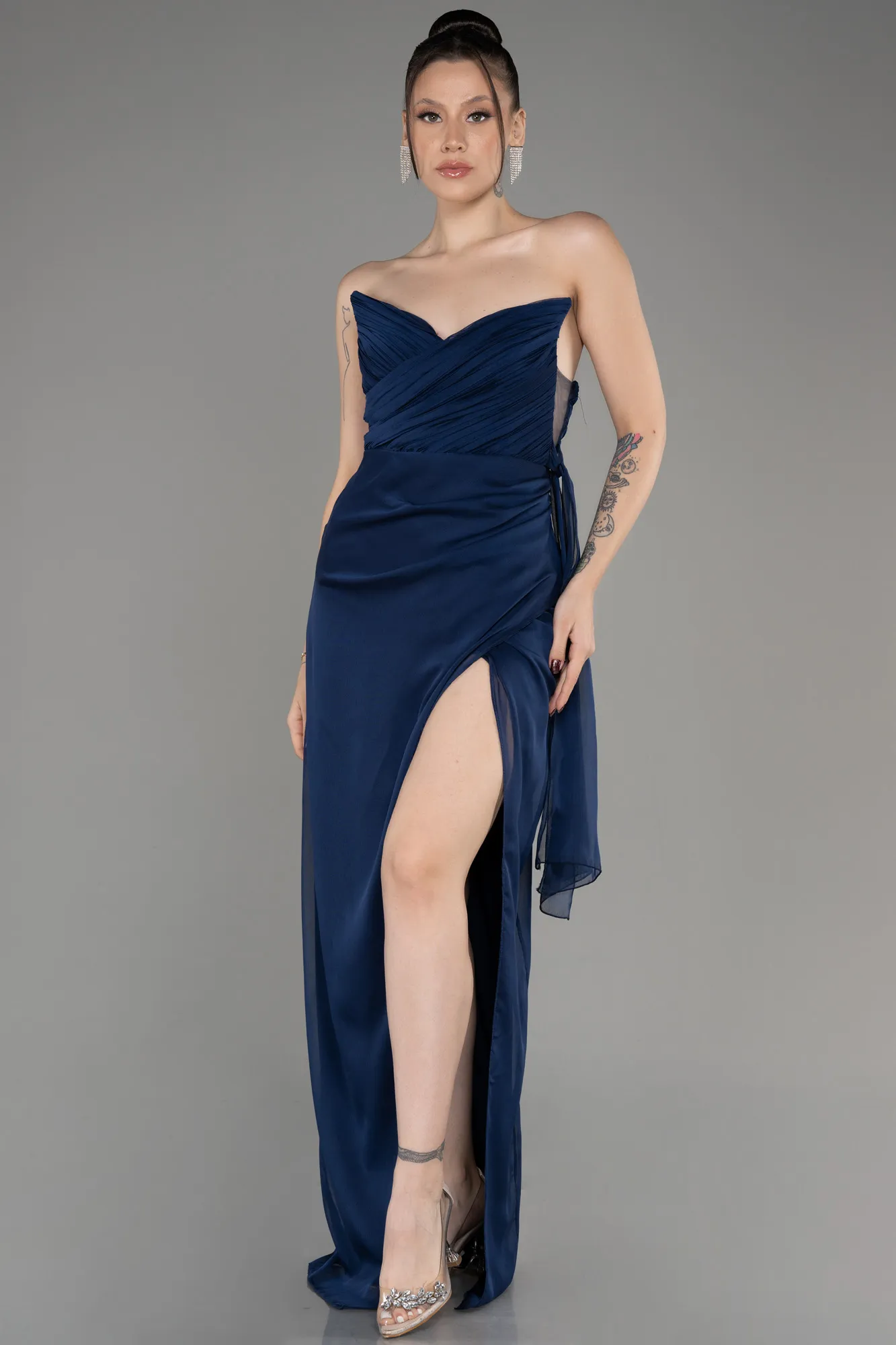 Navy Blue-Strapless Slit Long Chiffon Evening Dress ABU3947