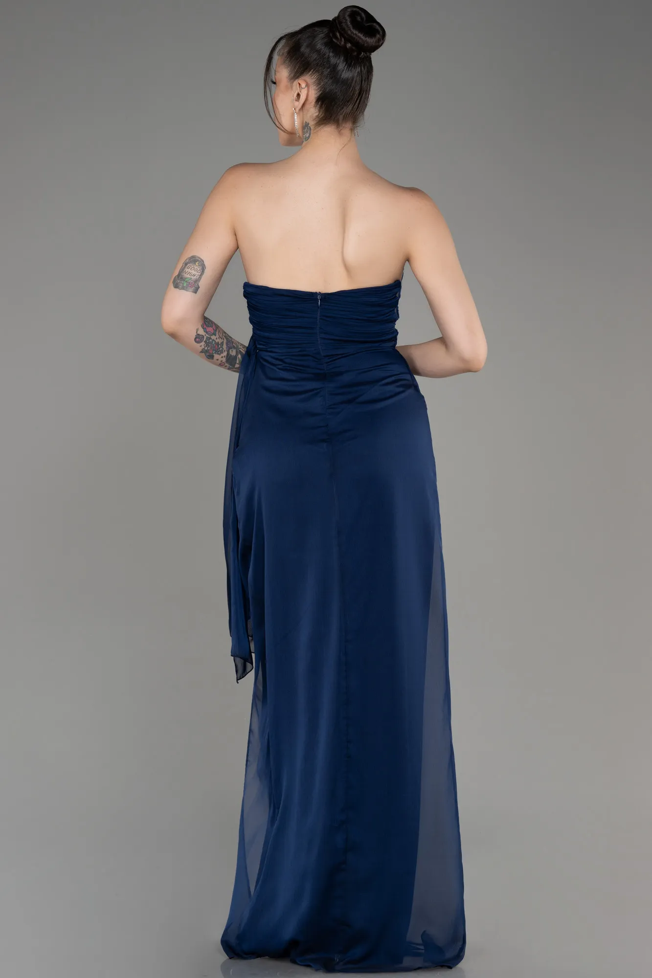 Navy Blue-Strapless Slit Long Chiffon Evening Dress ABU3947