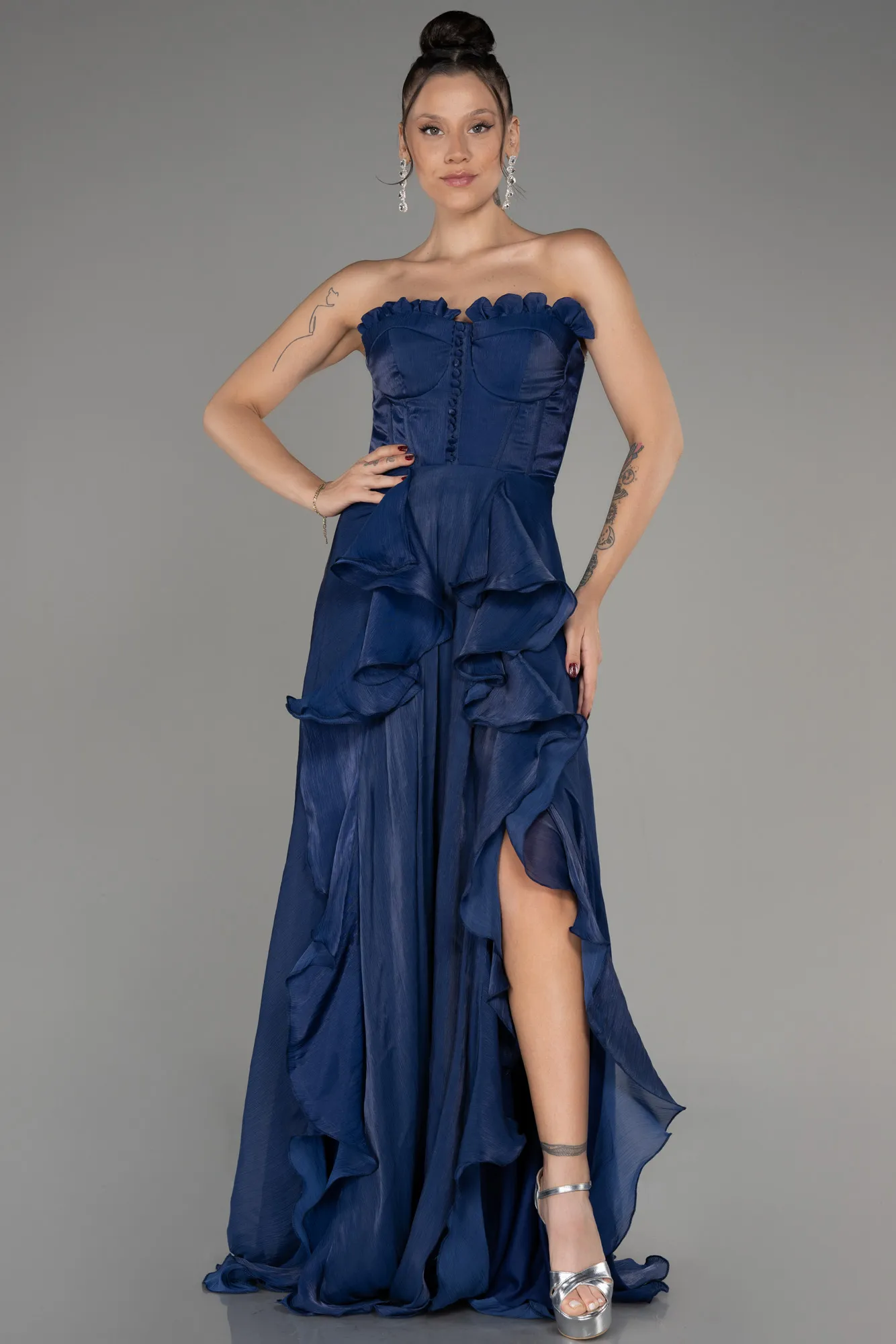 Navy Blue-Strapless Slit Long Chiffon Prom Dress ABU4012