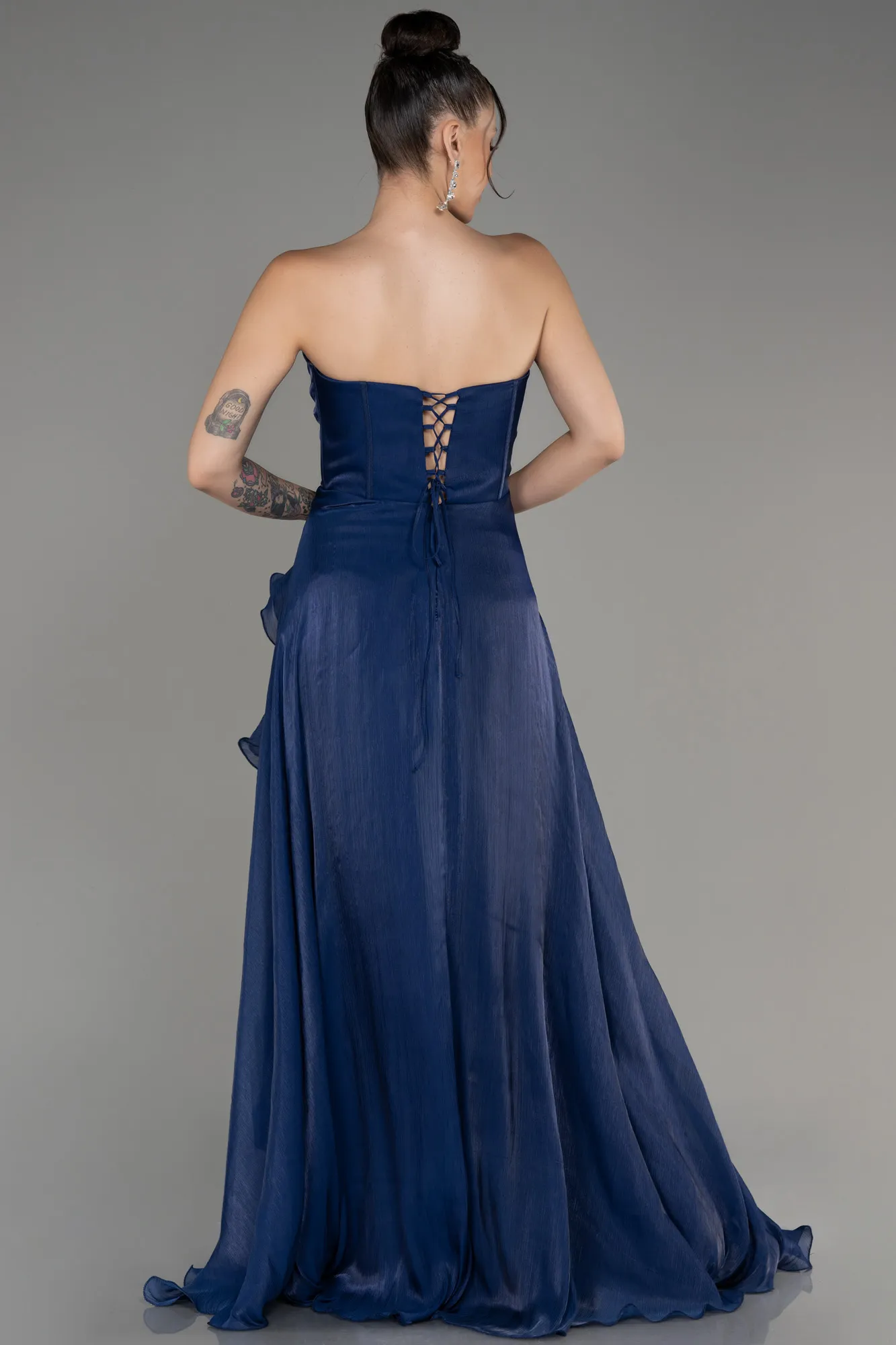 Navy Blue-Strapless Slit Long Chiffon Prom Dress ABU4012