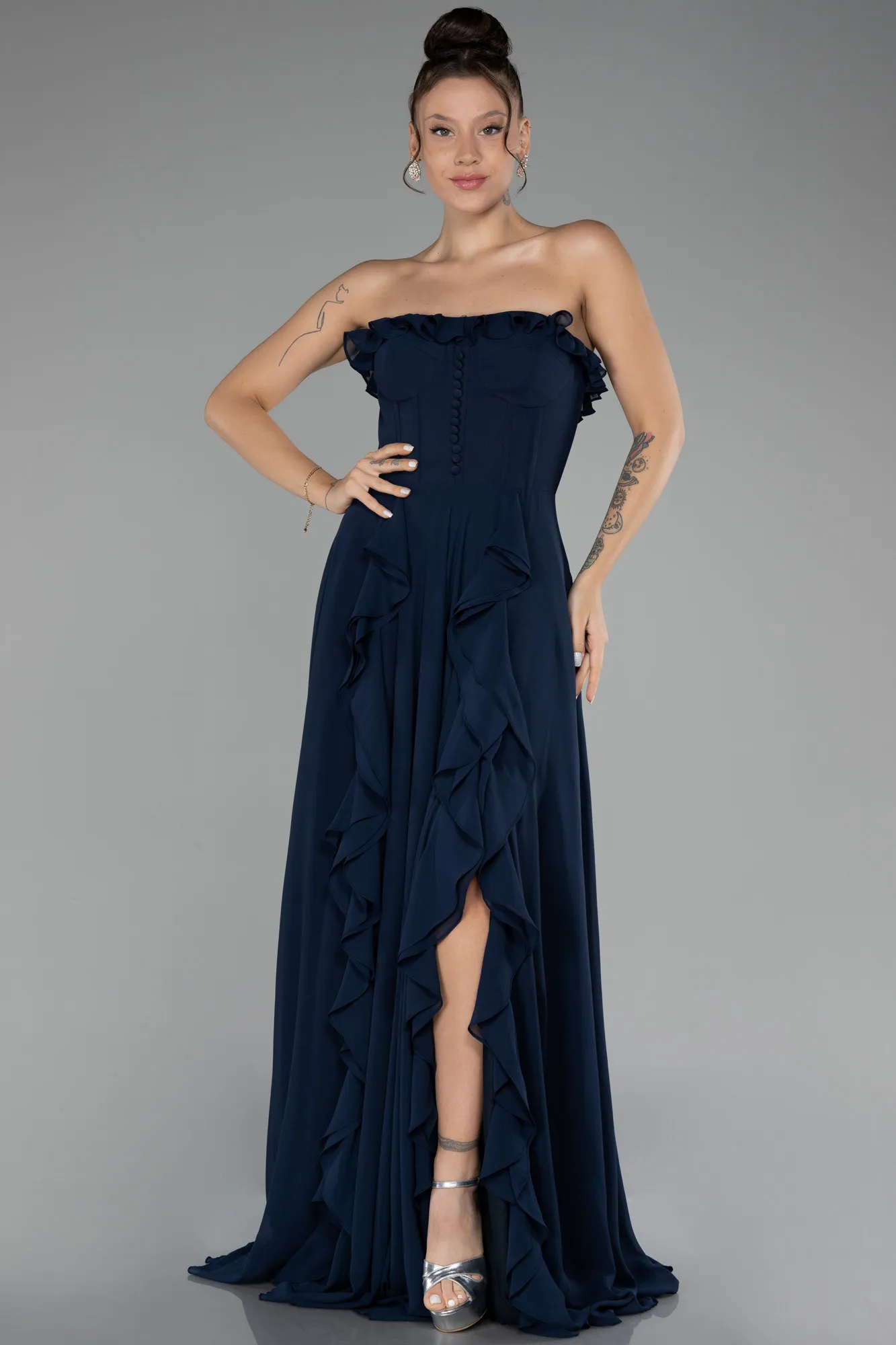 Navy Blue-Strapless Slit Long Chiffon Prom Dress ABU4214