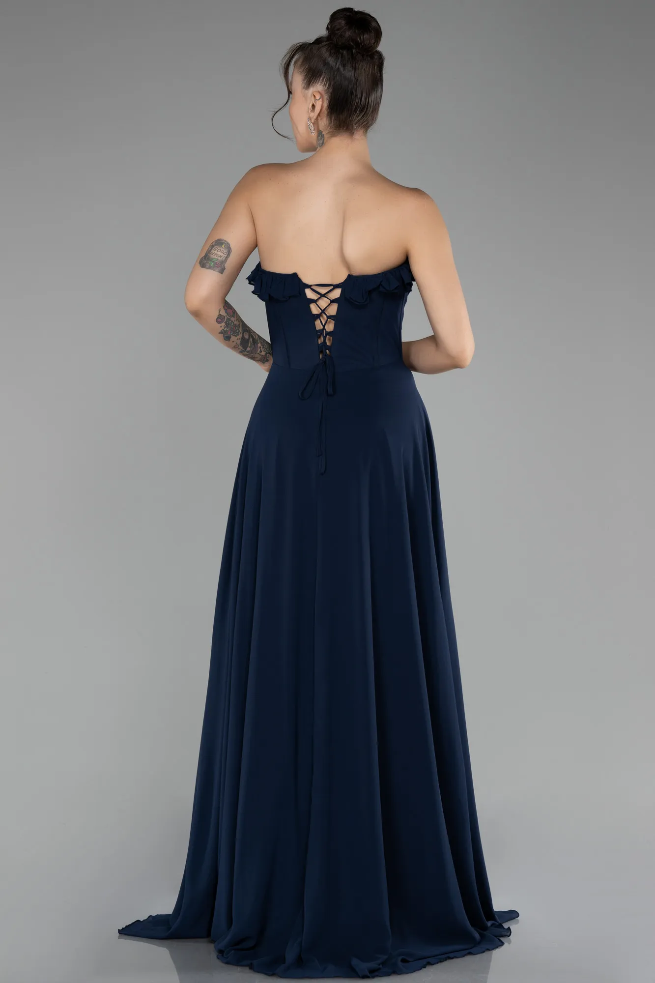 Navy Blue-Strapless Slit Long Chiffon Prom Dress ABU4214