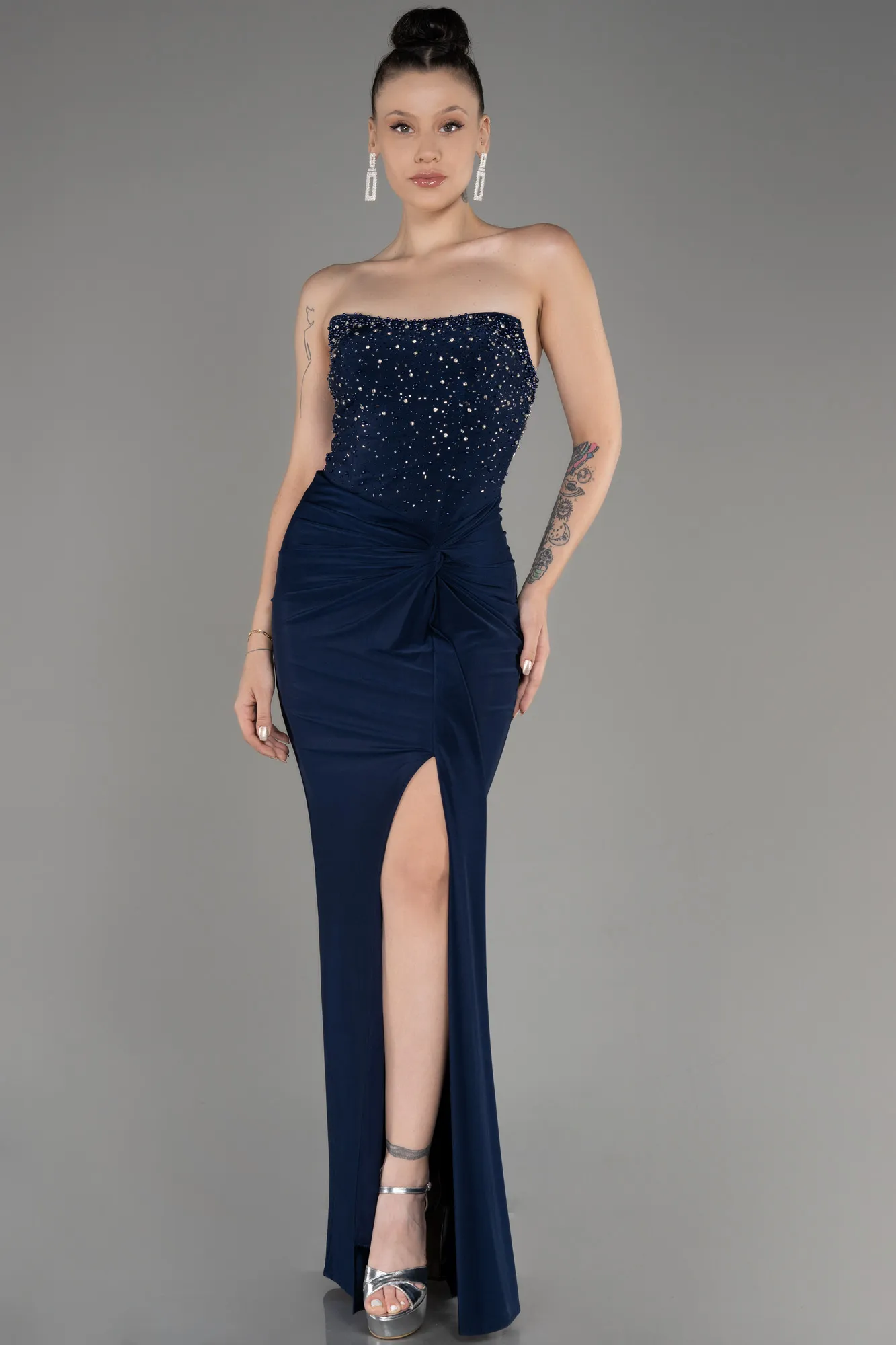 Navy Blue-Strapless Slit Long Evening Dress ABU3977