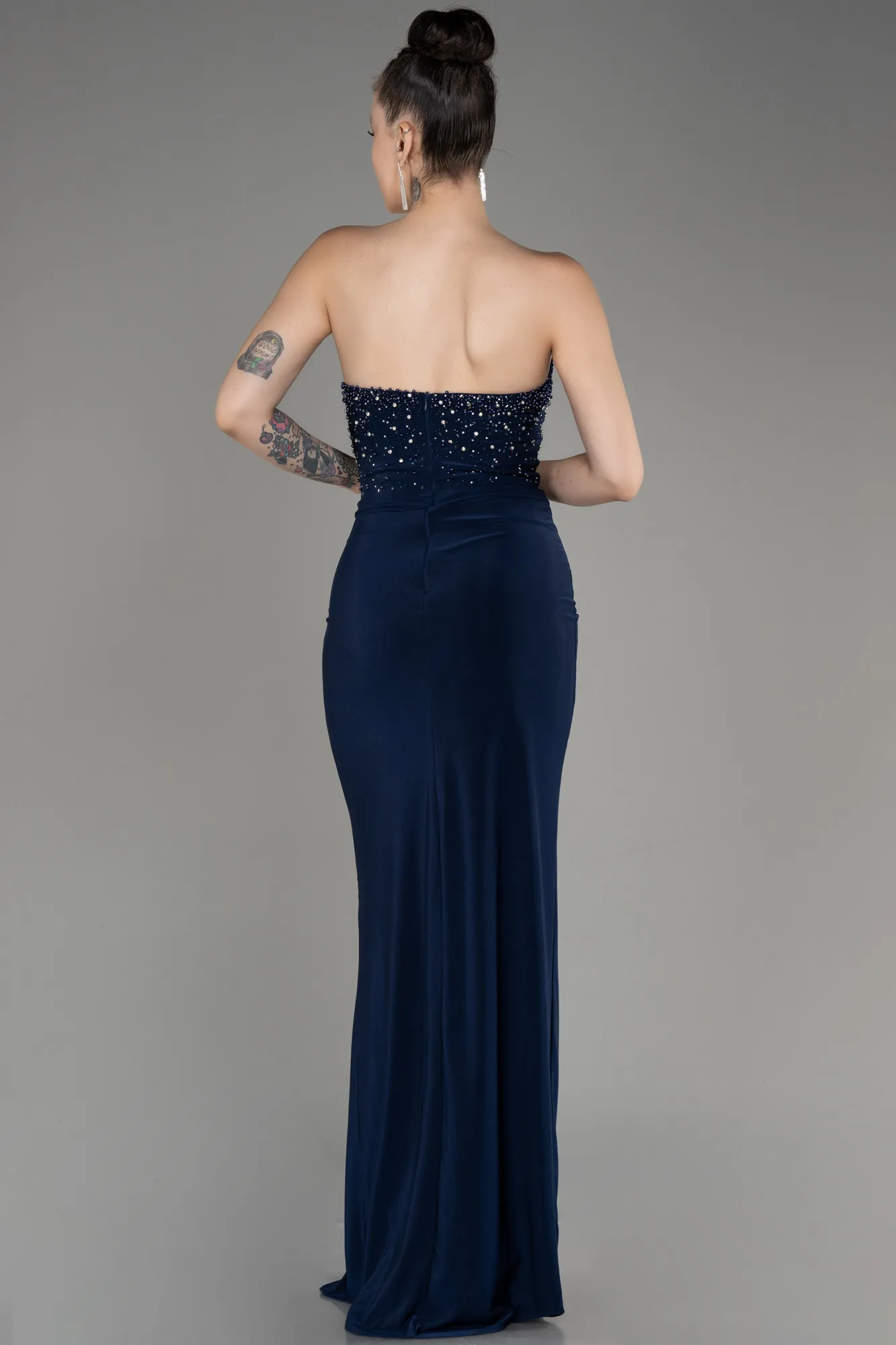 Navy Blue-Strapless Slit Long Evening Dress ABU3977