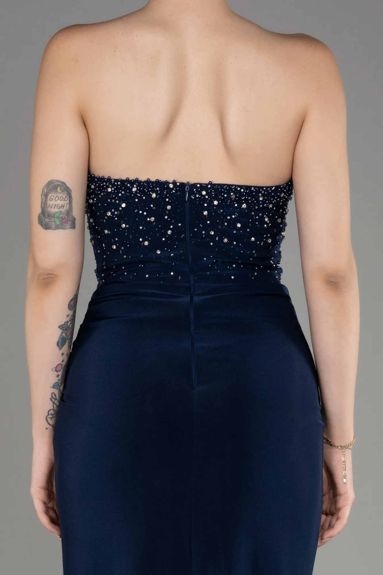 Navy Blue-Strapless Slit Long Evening Dress ABU3977