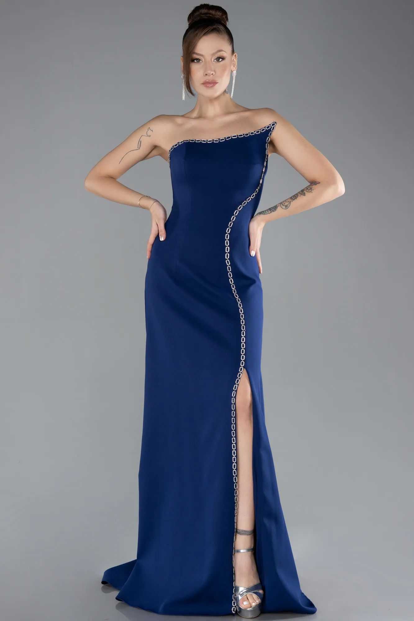 Navy Blue-Strapless Slit Long Evening Gown ABU4510