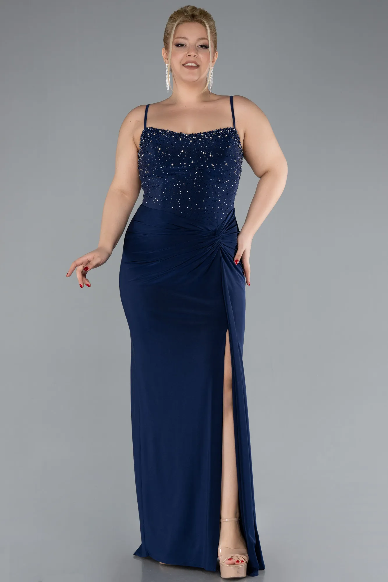 Navy Blue-Strapless Slit Long Plus Size Evening Dress ABU4319