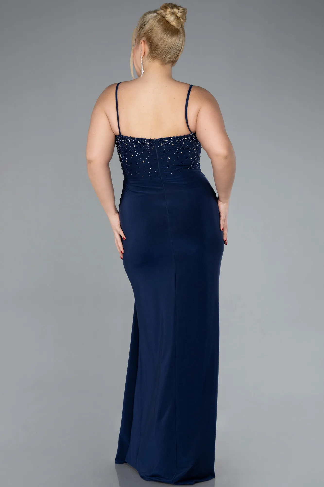 Navy Blue-Strapless Slit Long Plus Size Evening Dress ABU4319