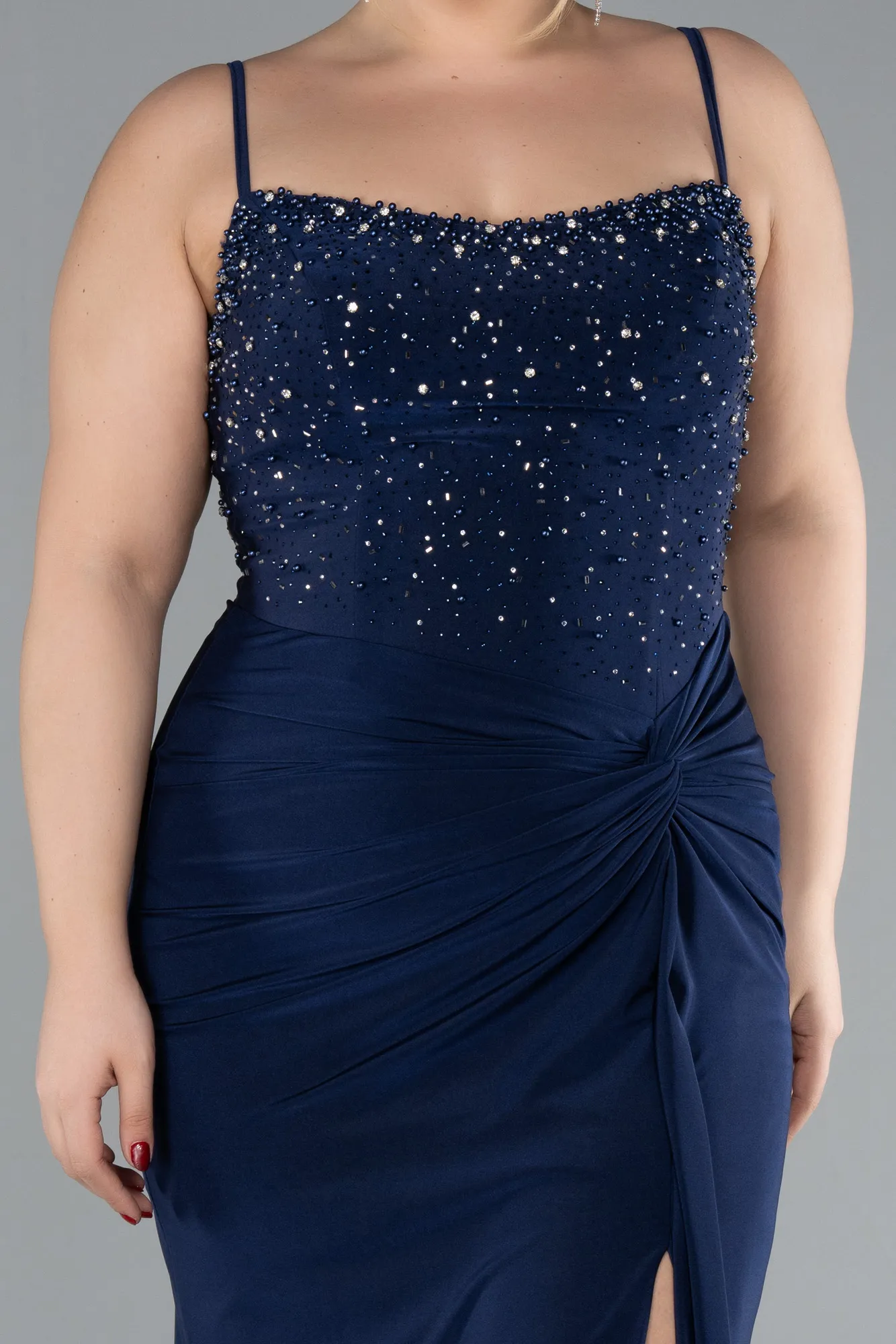 Navy Blue-Strapless Slit Long Plus Size Evening Dress ABU4319