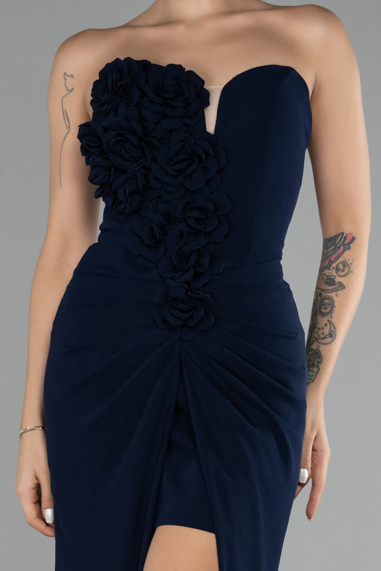 Navy Blue-Strapless Slit Long Prom Gown ABU4213