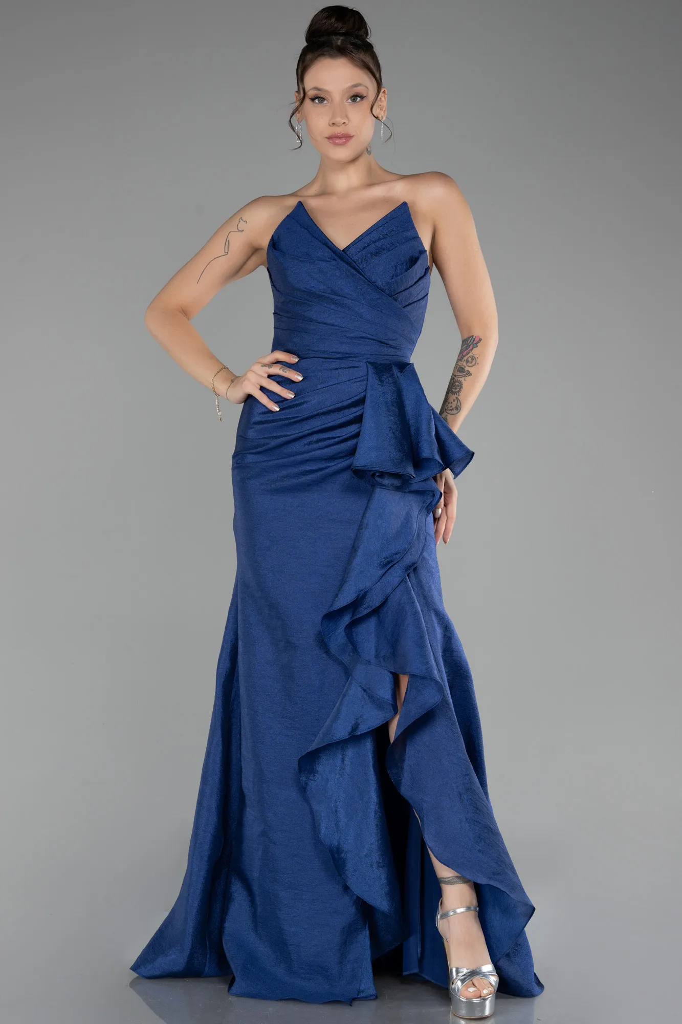 Navy Blue-Strapless Slit Long Prom Gown ABU4247