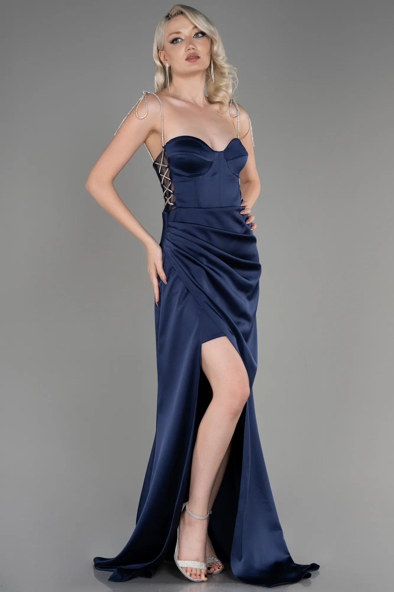 Navy Blue-Strapless Slit Long Satin Evening Dress ABU3866