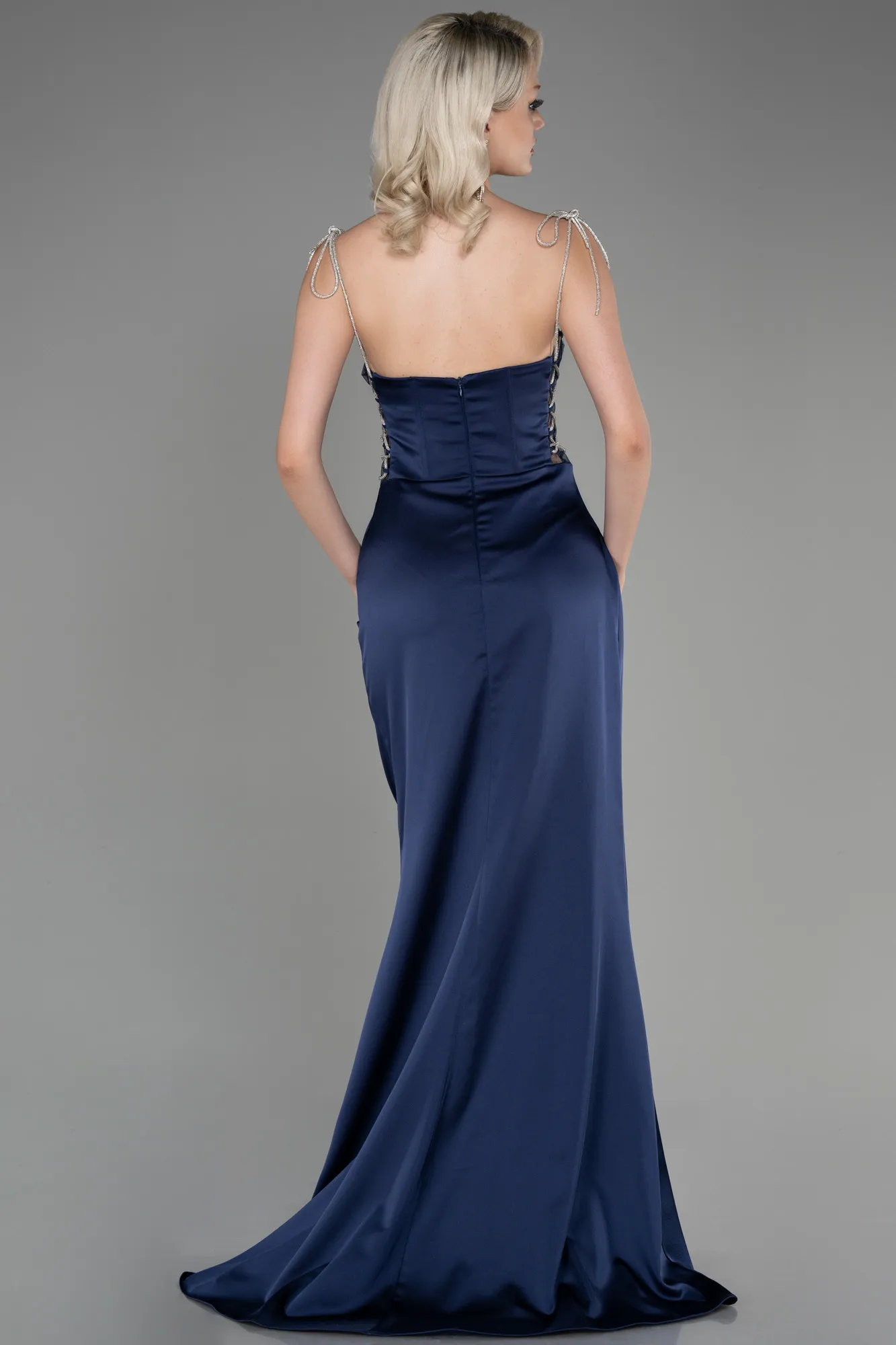 Navy Blue-Strapless Slit Long Satin Evening Dress ABU3866