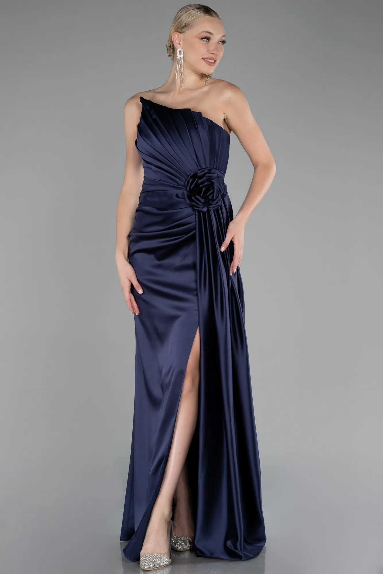 Navy Blue-Strapless Slit Long Satin Evening Dress ABU4174