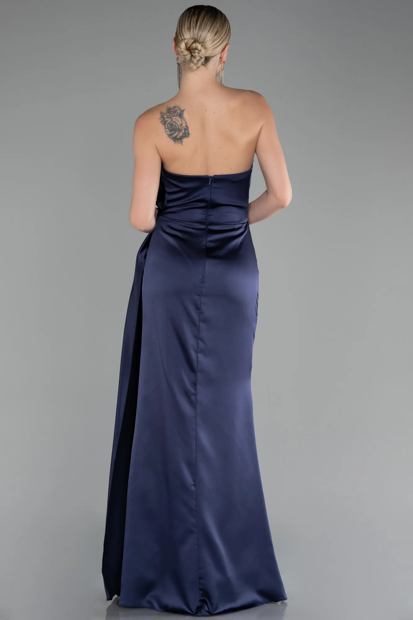 Navy Blue-Strapless Slit Long Satin Evening Dress ABU4174