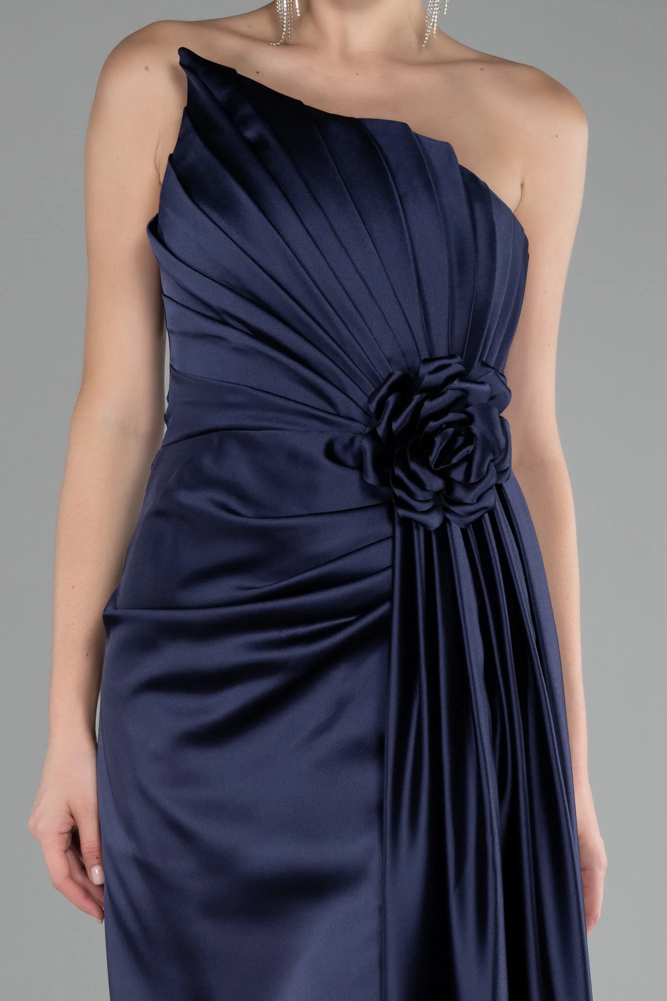 Navy Blue-Strapless Slit Long Satin Evening Dress ABU4174