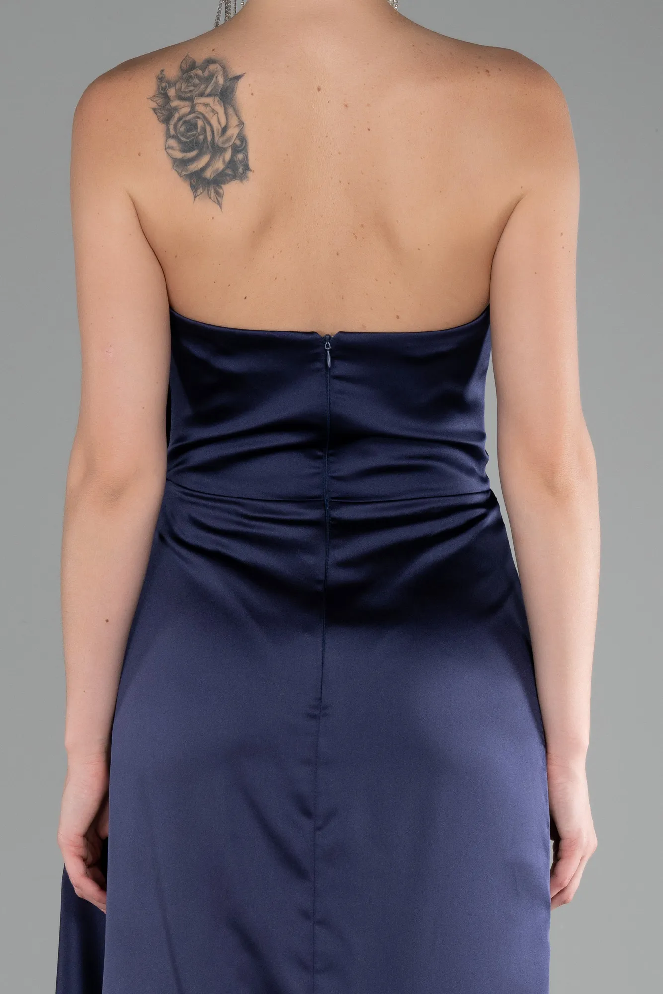 Navy Blue-Strapless Slit Long Satin Evening Dress ABU4174