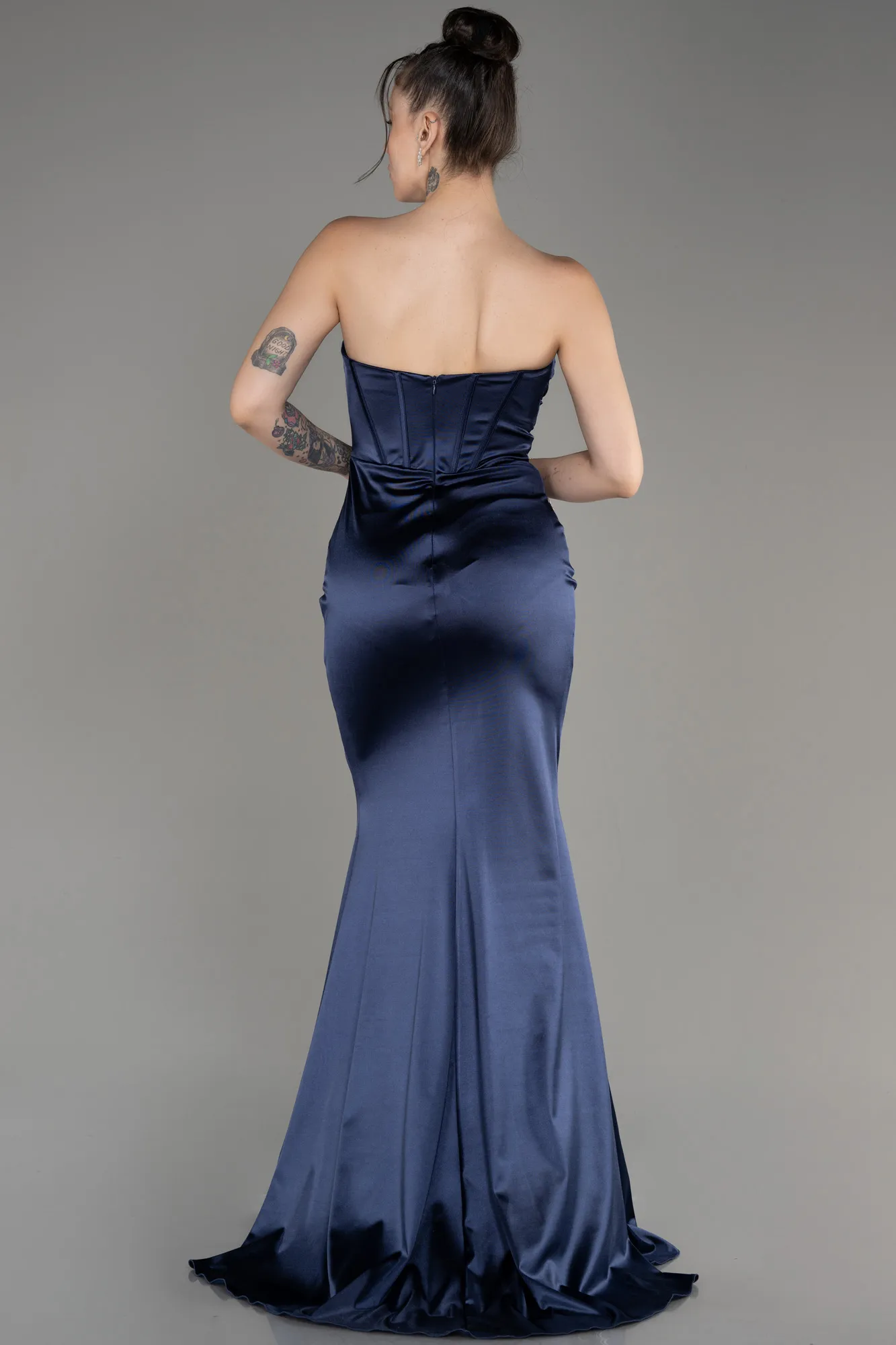 Navy Blue-Strapless Slit Long Satin Prom Dress ABU3979