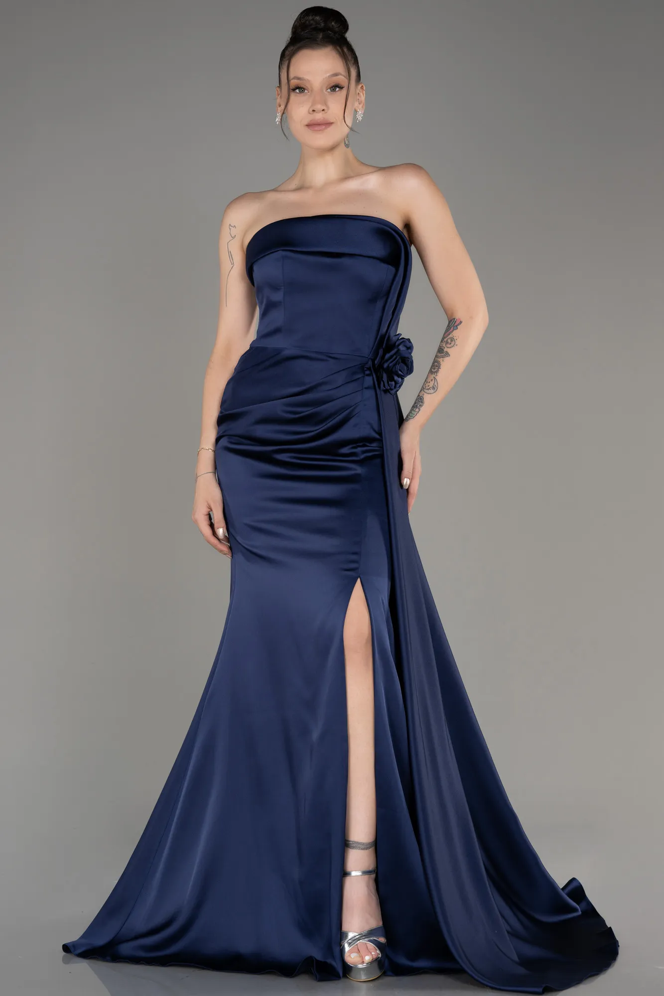 Navy Blue-Strapless Slit Long Satin Prom Dress ABU3980