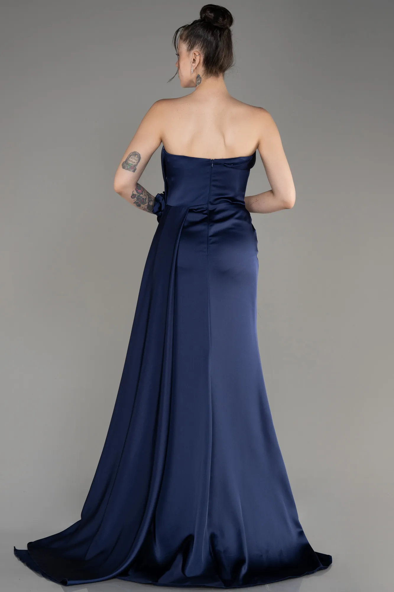 Navy Blue-Strapless Slit Long Satin Prom Dress ABU3980