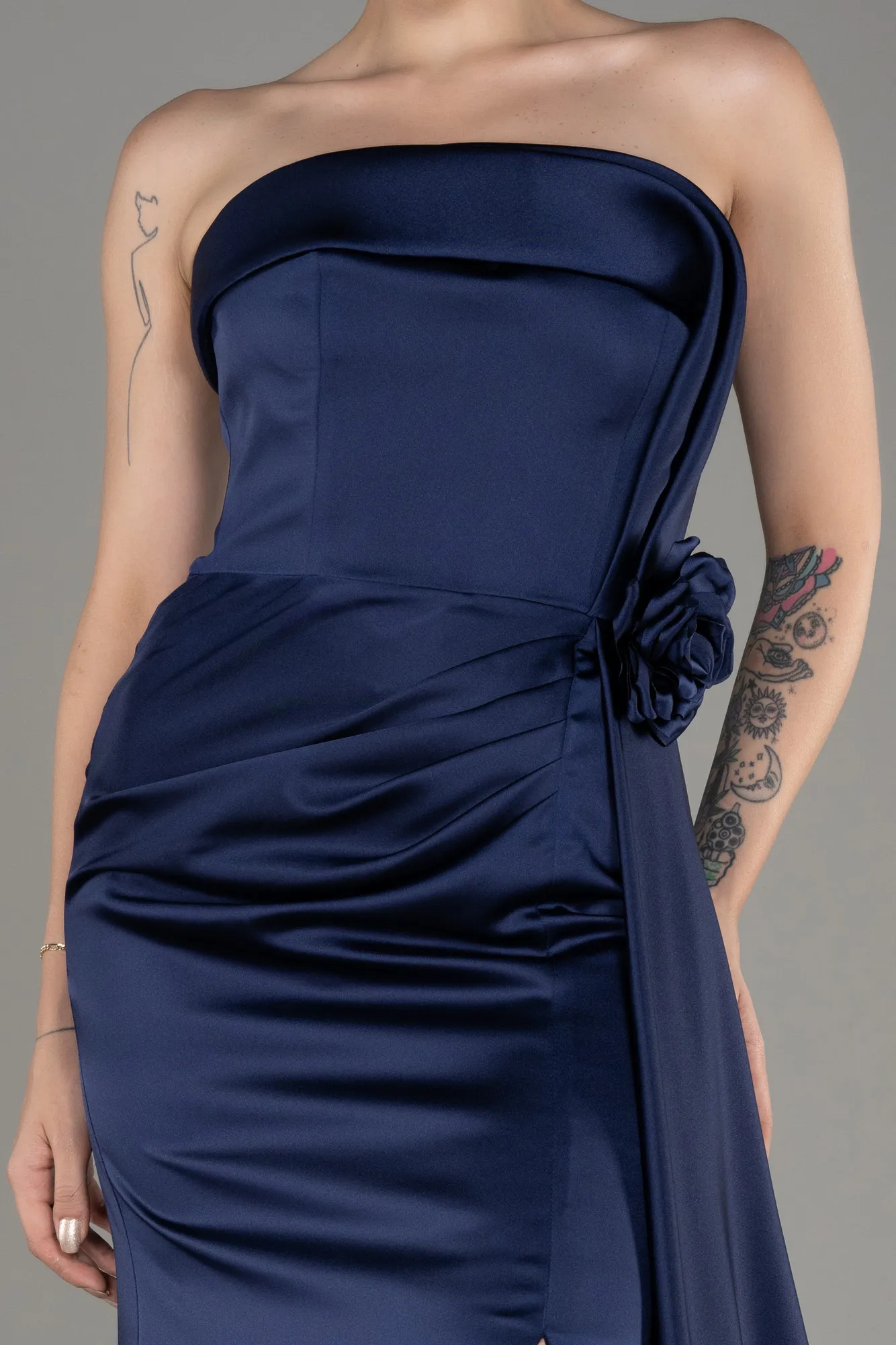 Navy Blue-Strapless Slit Long Satin Prom Dress ABU3980